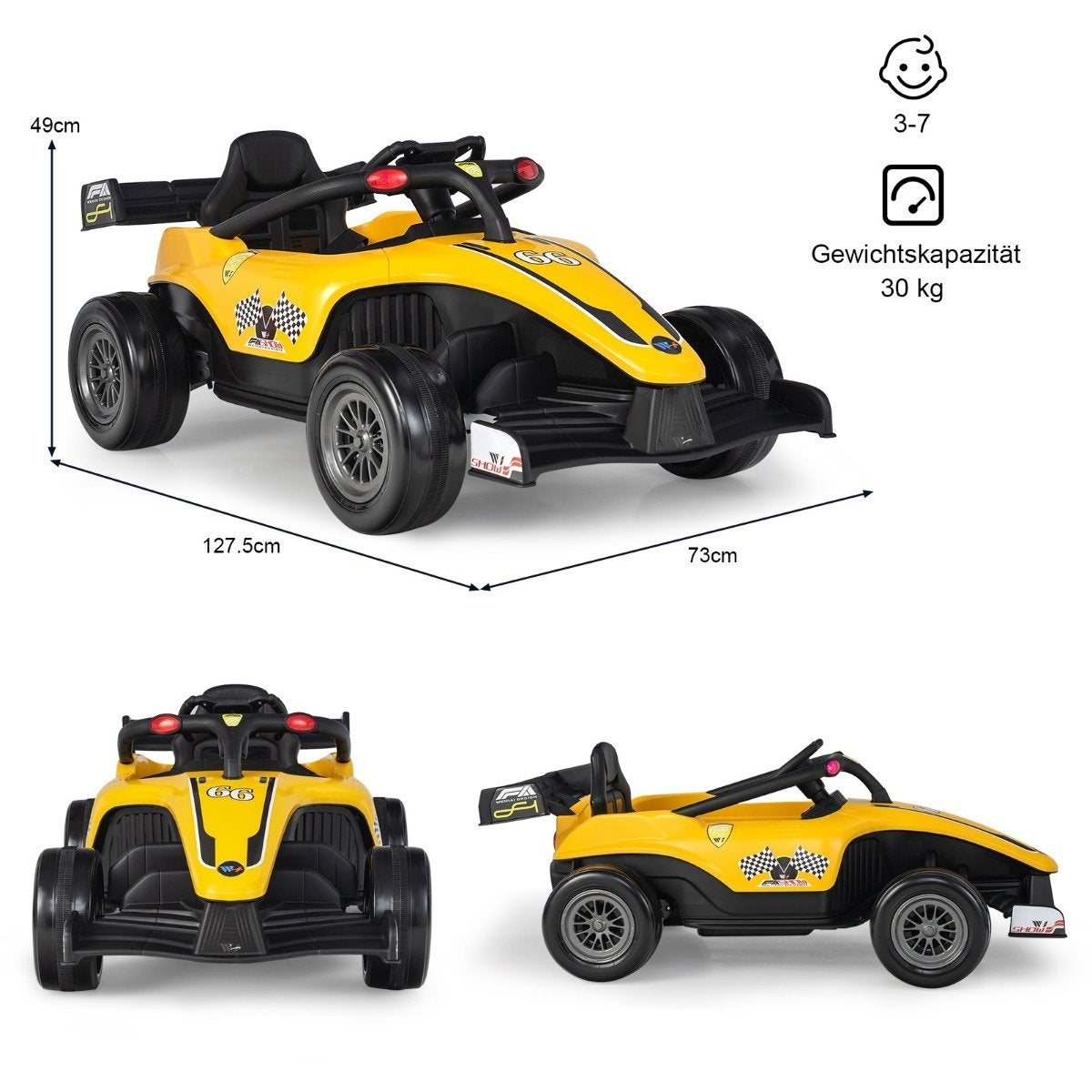 Yellow ride-on car with black accents, racing decals, and dimensions shown.