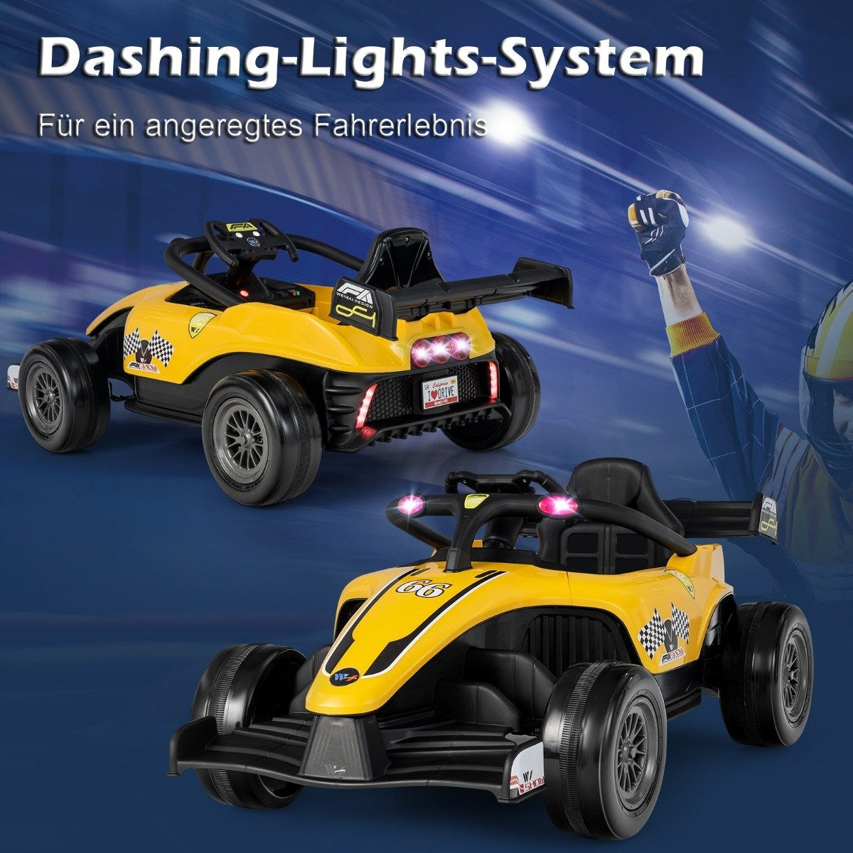 Two yellow race cars with spoilers and lights on a blue background.