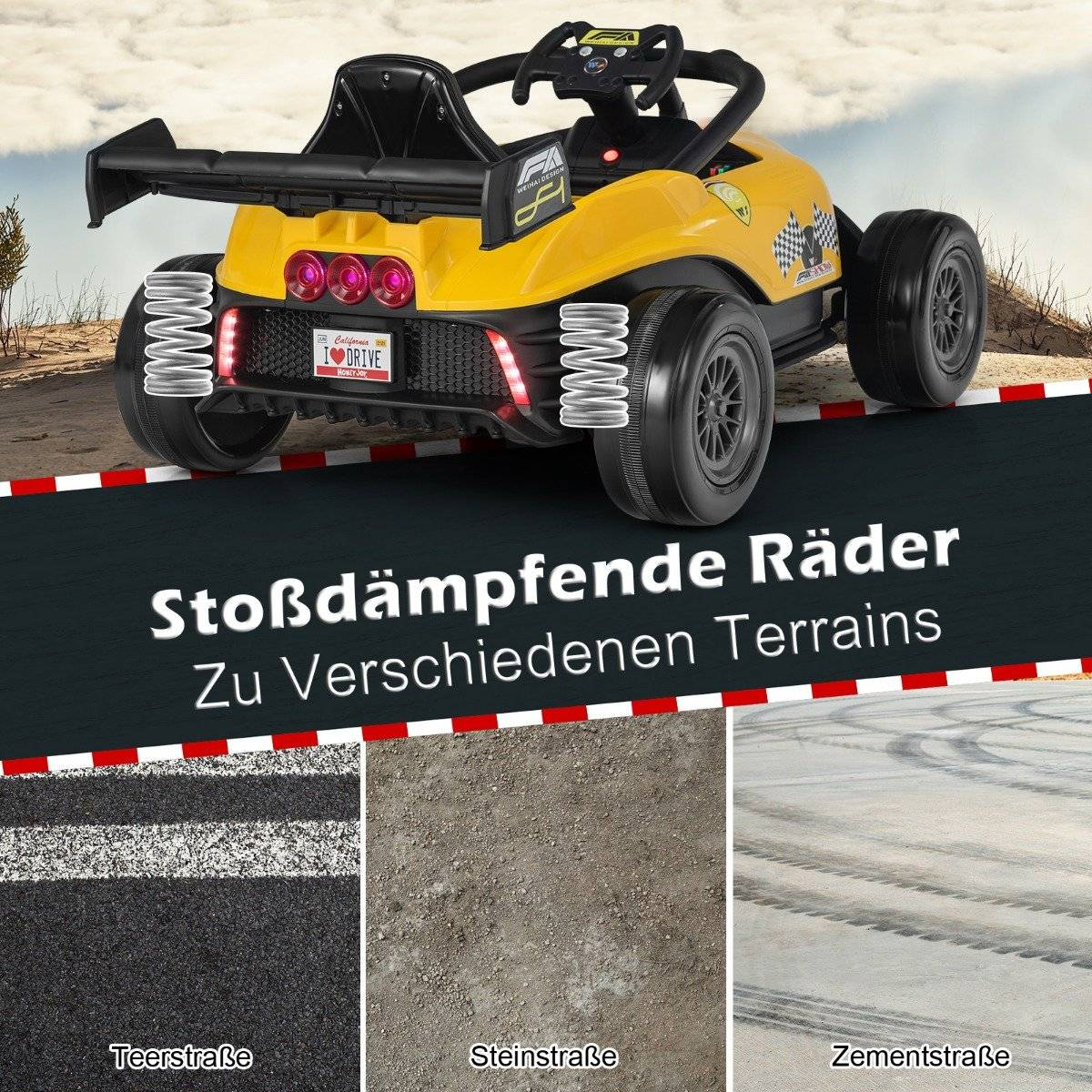 Yellow electric car with spoiler and shock absorbers, showing terrains: asphalt, stone, cement.