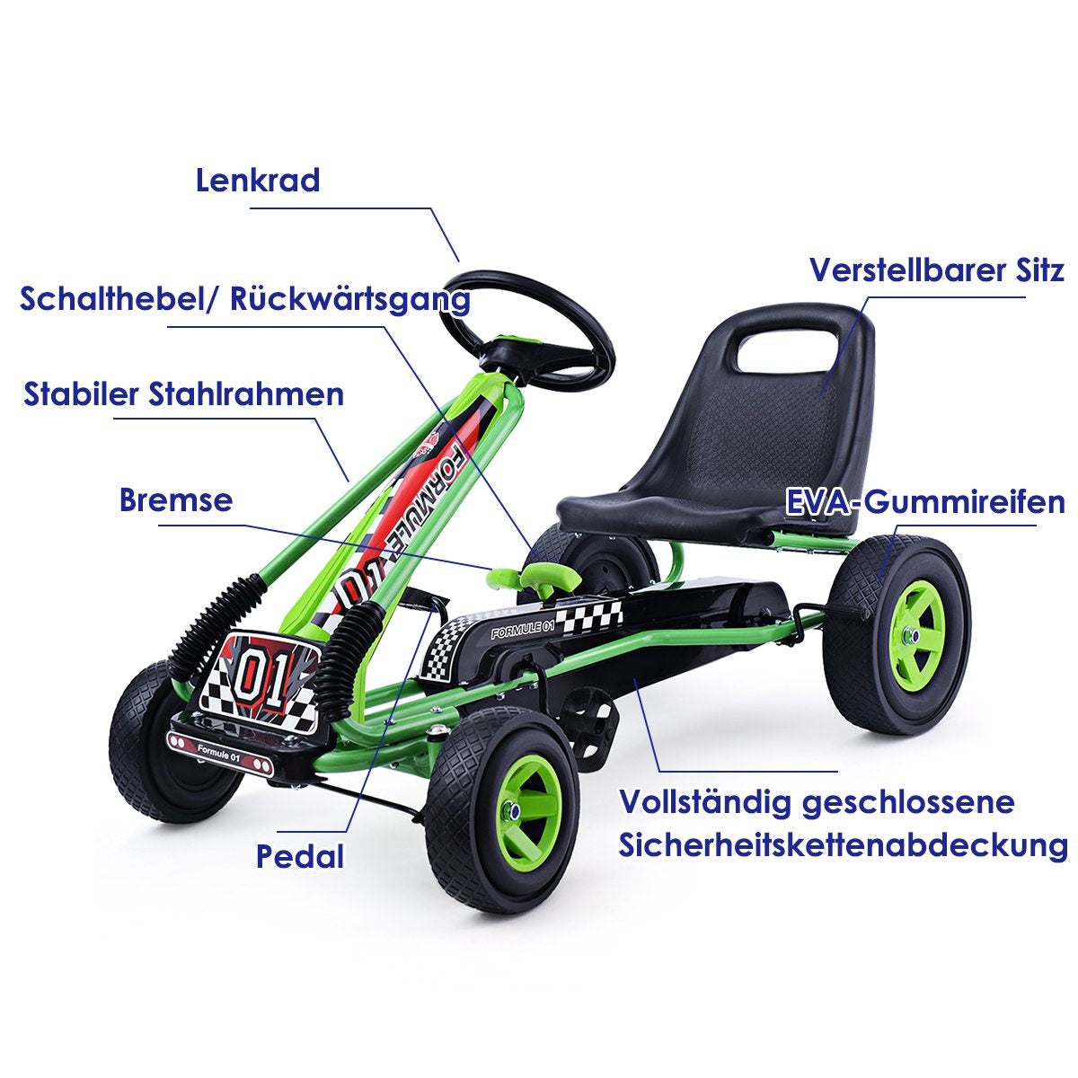 A green go-kart with a black seat, steering wheel, pedals, and tires.