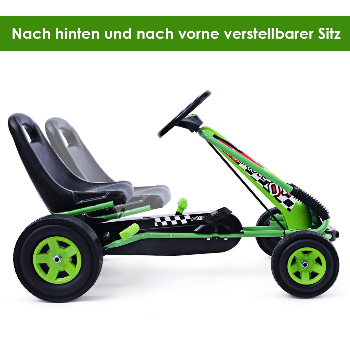 Green go-kart with two seats, adjustable, on a white background.