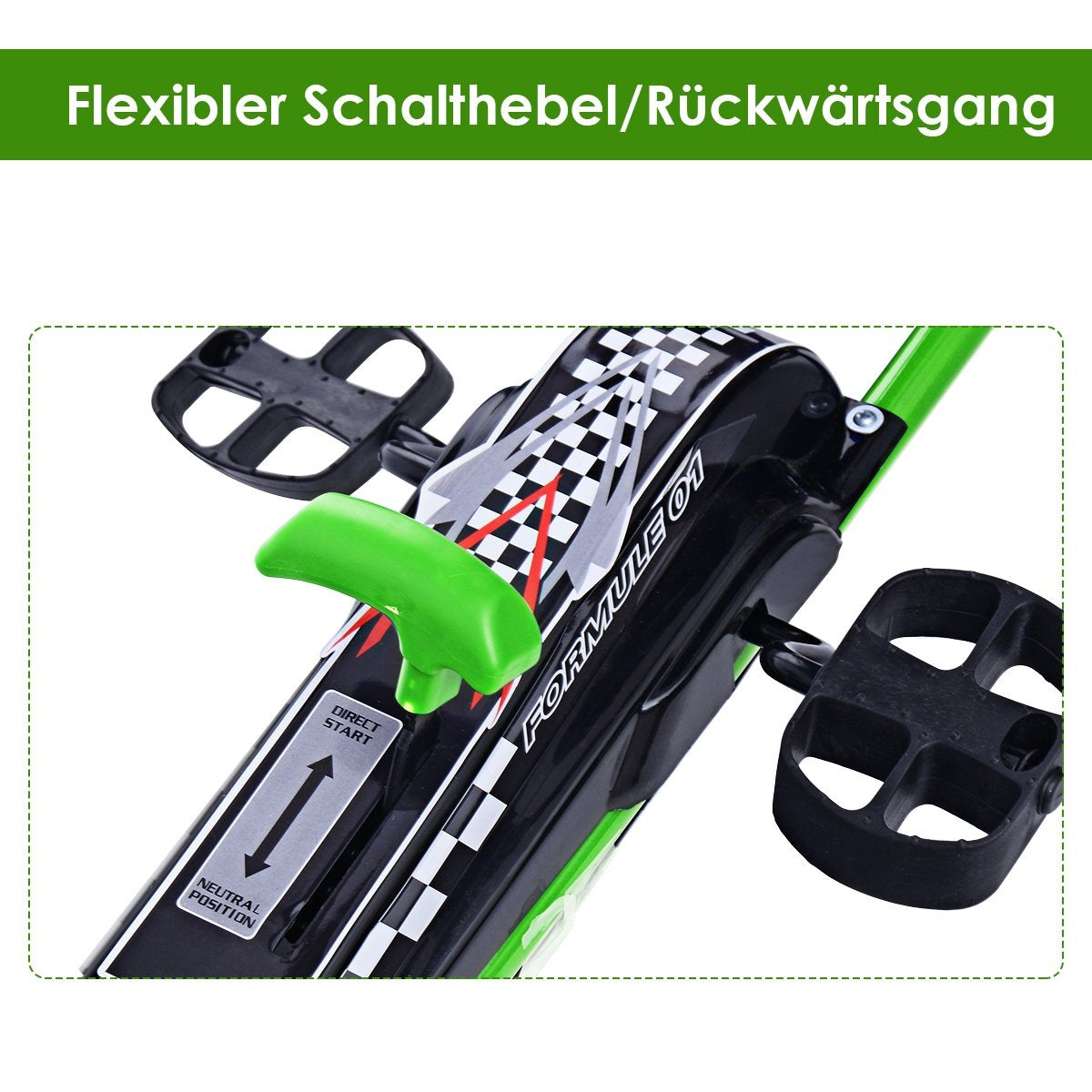 Green lever on a black pedal car with "FORMULA 01" text.
