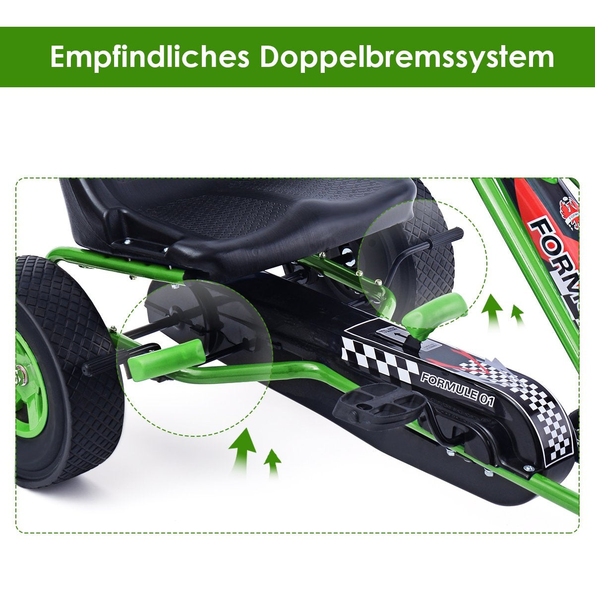 Green go-kart with dual disc brake system and suspension.