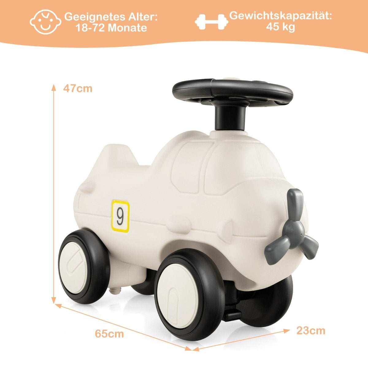Beige airplane ride-on toy with black steering wheel, propeller and number 9.