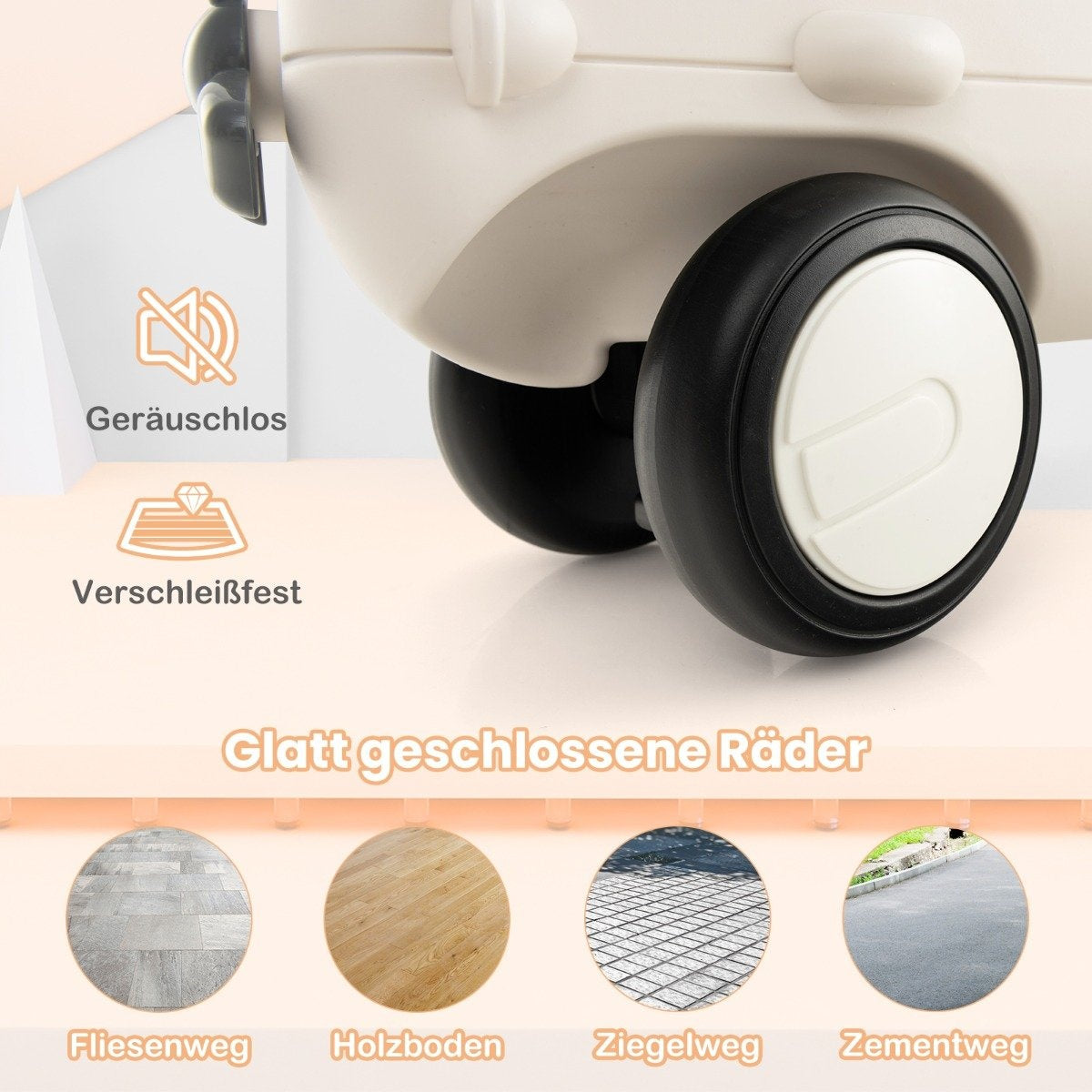 Quiet, wear-resistant wheels suitable for tile, wood, paver, and cement surfaces.