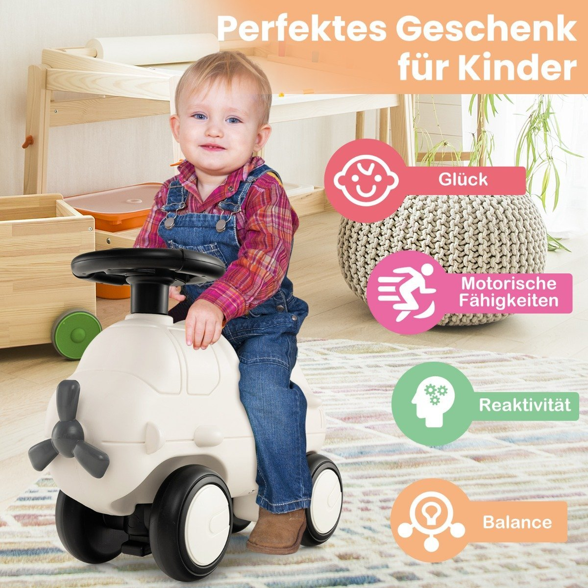 A baby sits on a white toy airplane. "Perfect gift for children".