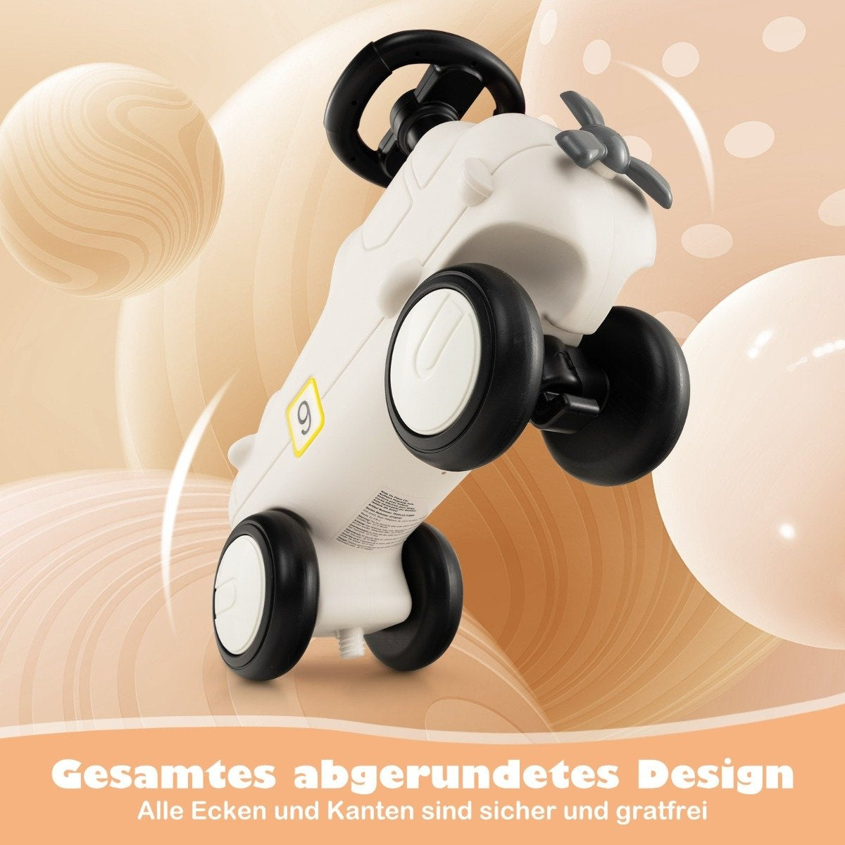 A white ride-on toy car with a black steering wheel and propeller on a pastel background.