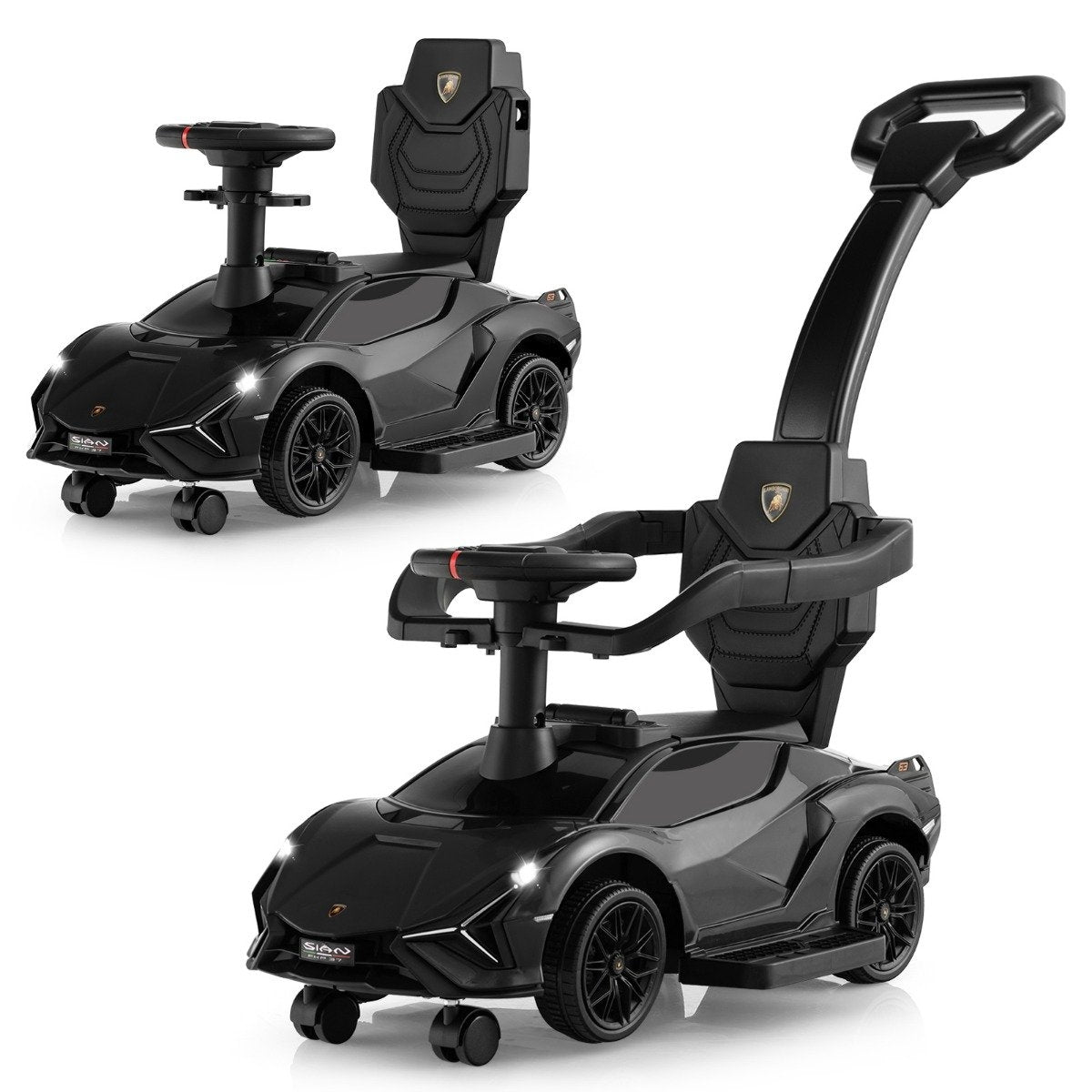 Two black toy Lamborghini cars, one with a steering wheel, one with a push handle.
