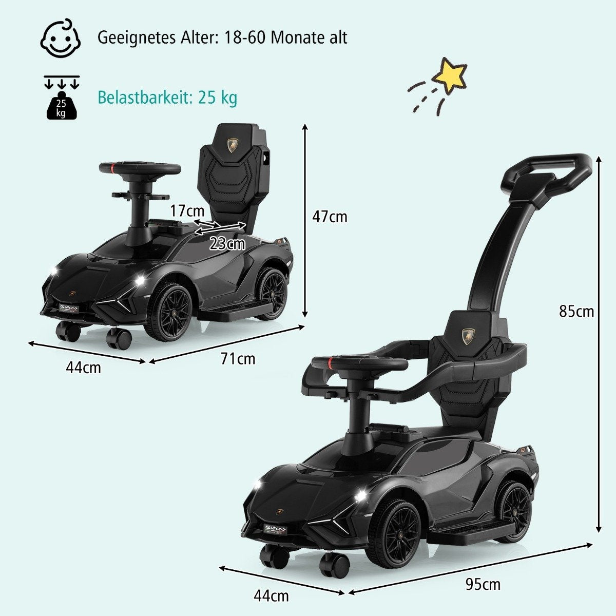 Black toy car with push handle, dimensions, and age 18-60 months shown.