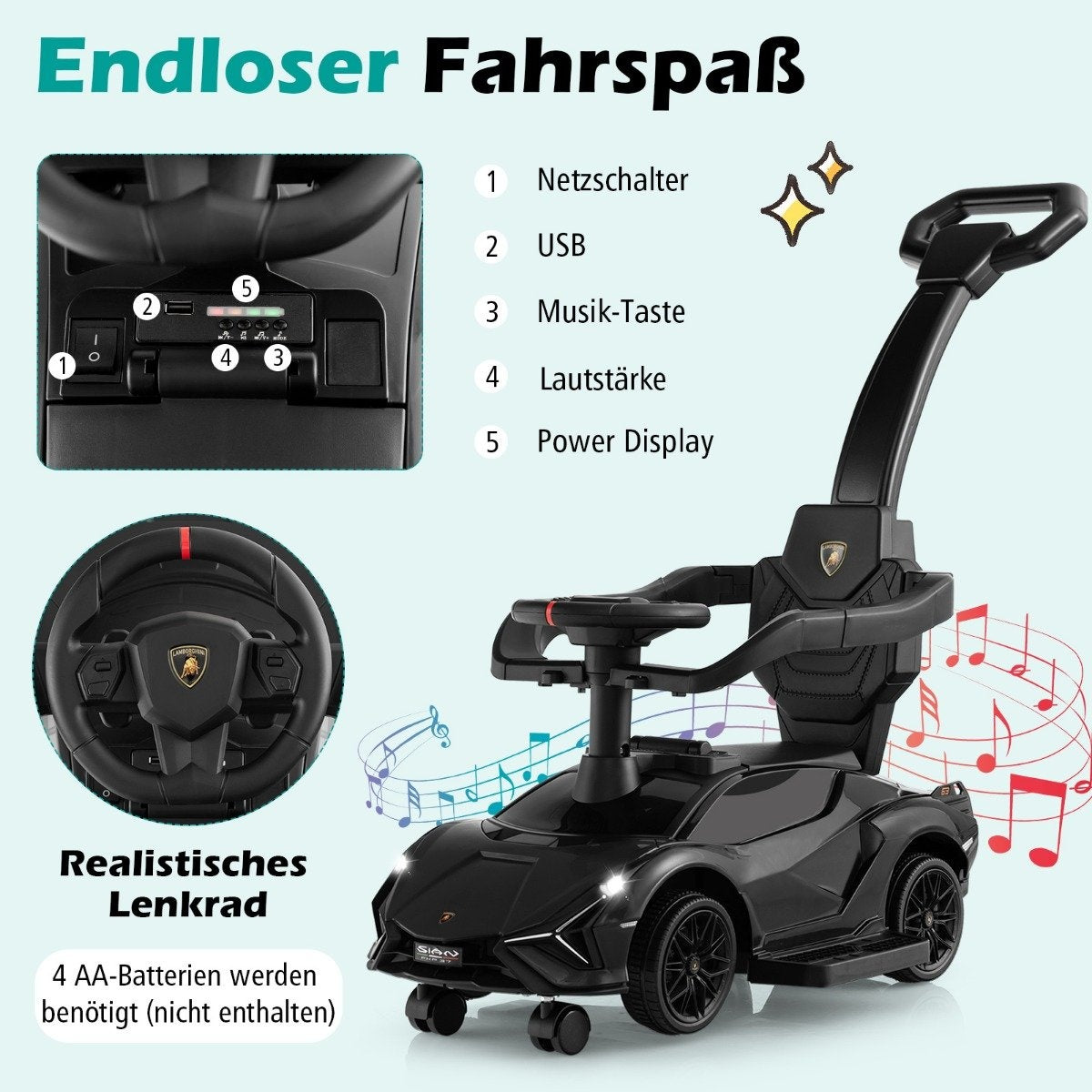Black children's electric Lamborghini with steering wheel, push bar, and music notes.