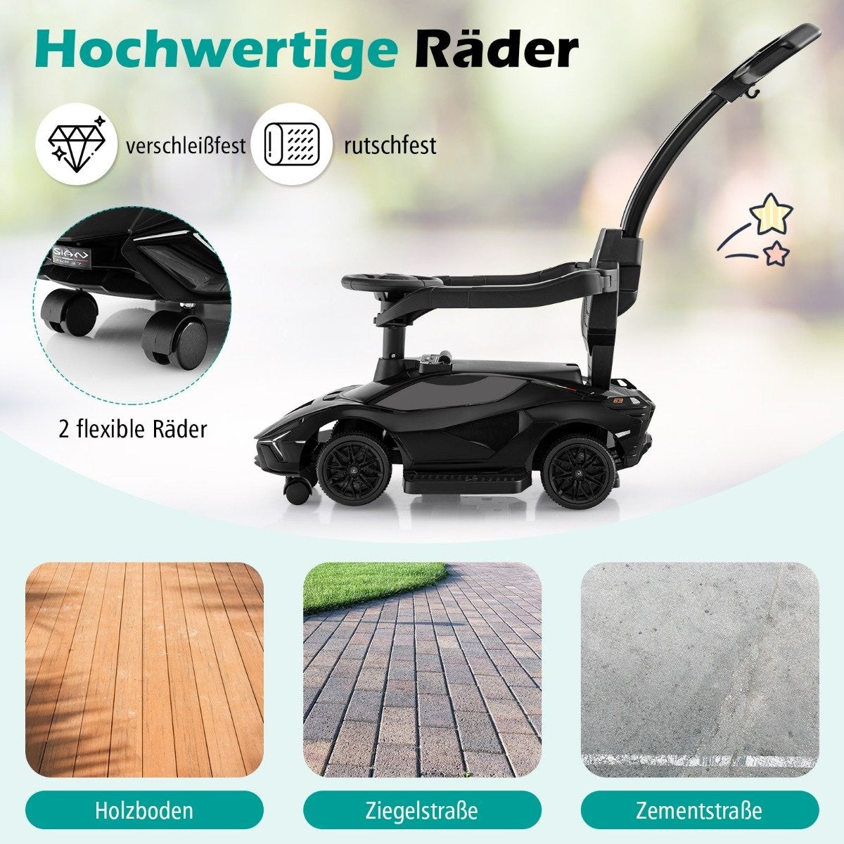 Black toy car with push handle and wheels, shown on wood, paver, and concrete surfaces.