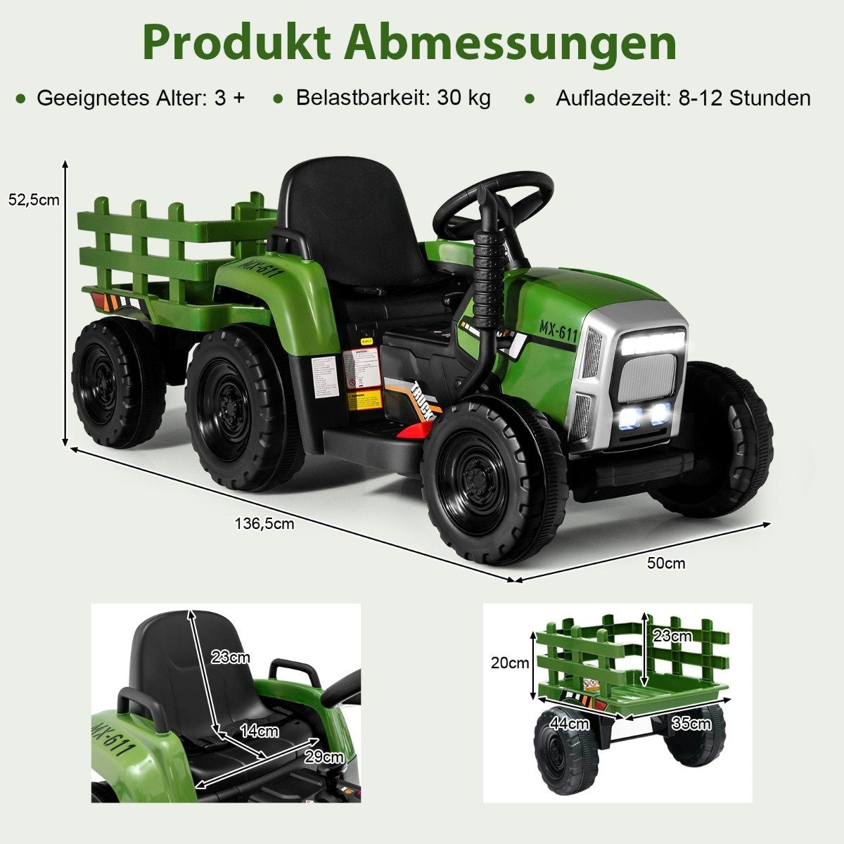 Green toy tractor with trailer, dimensions and details shown.