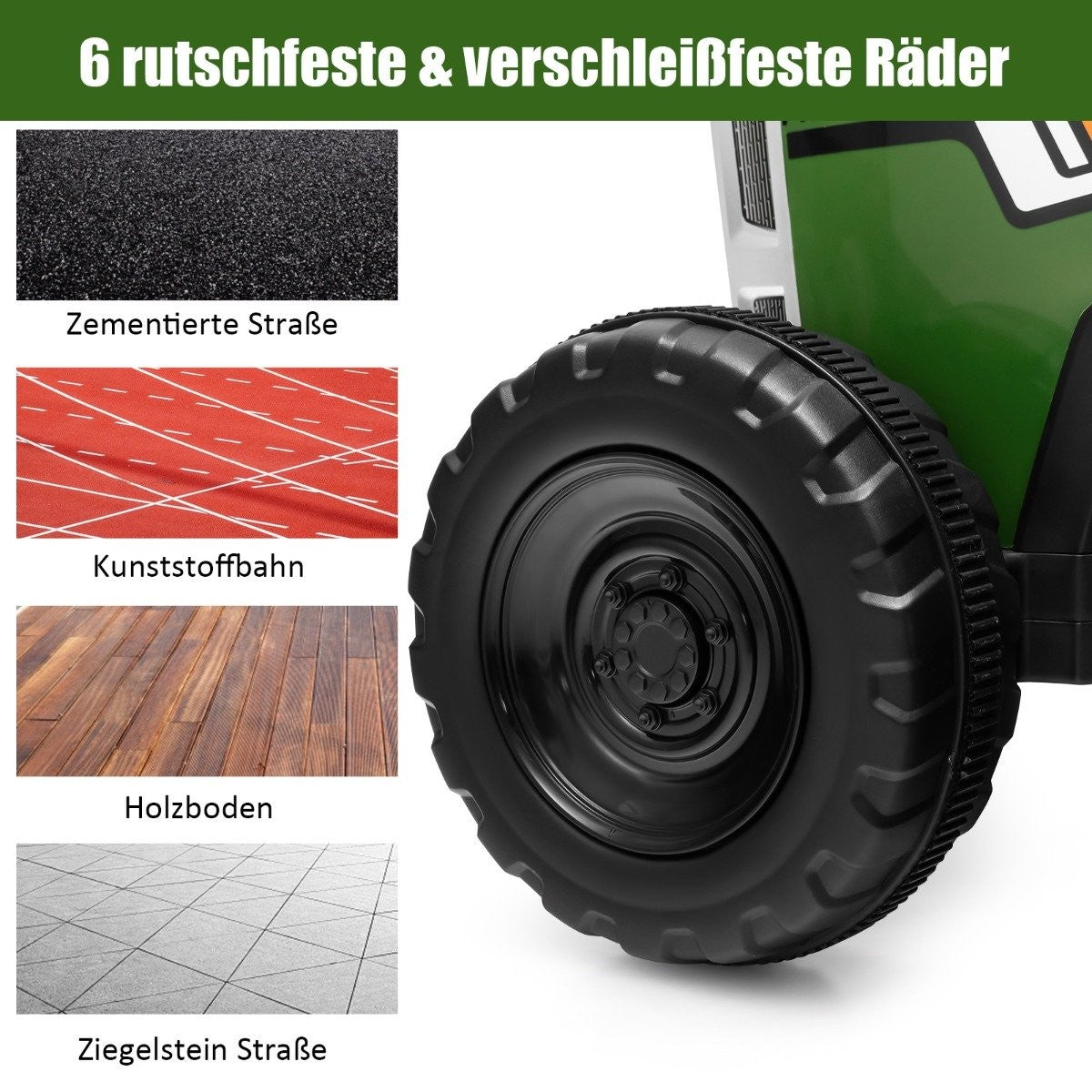 Six non-slip wheels on various surfaces: asphalt, track, wood, and stone.