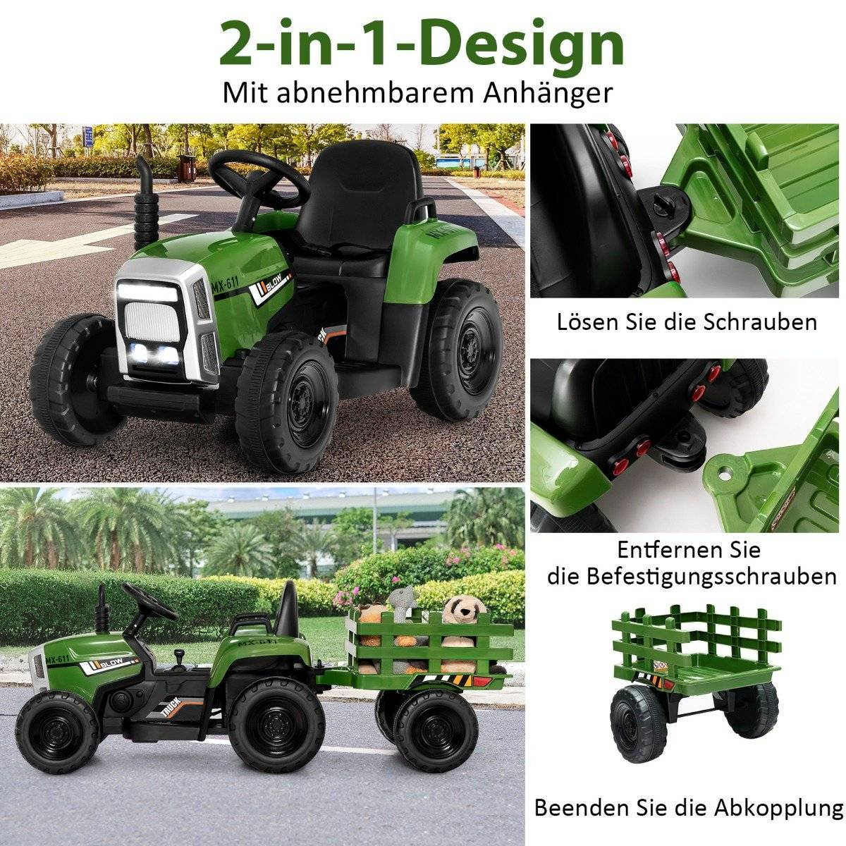 Green toy tractor with detachable trailer carrying toys.
