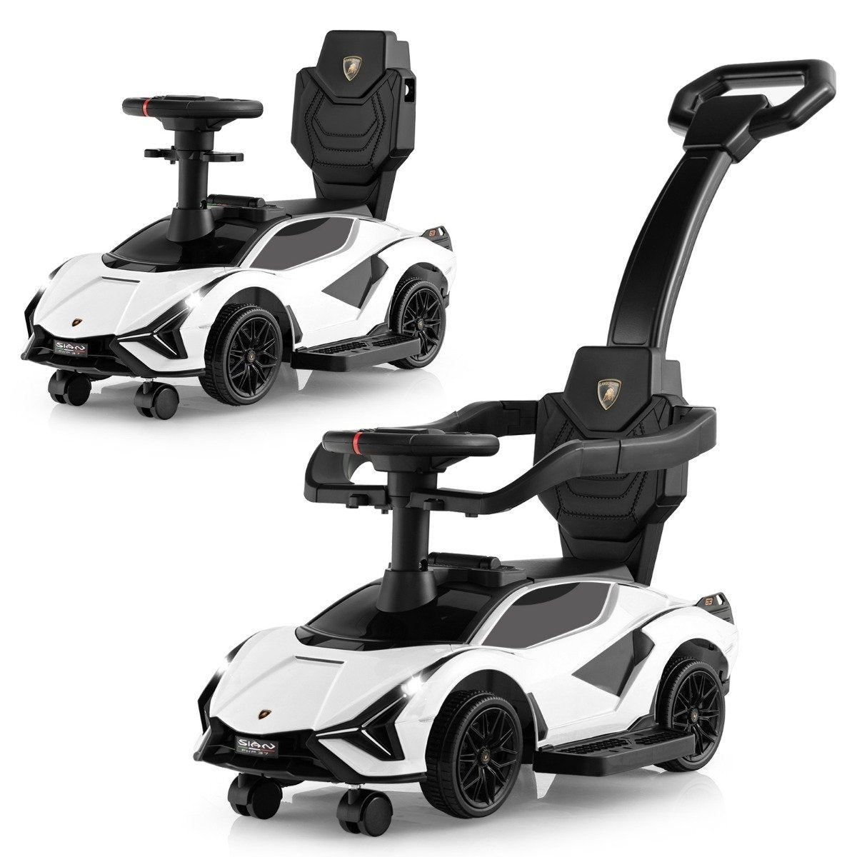 Two white Lamborghini ride-on toys with push handle and steering wheel.