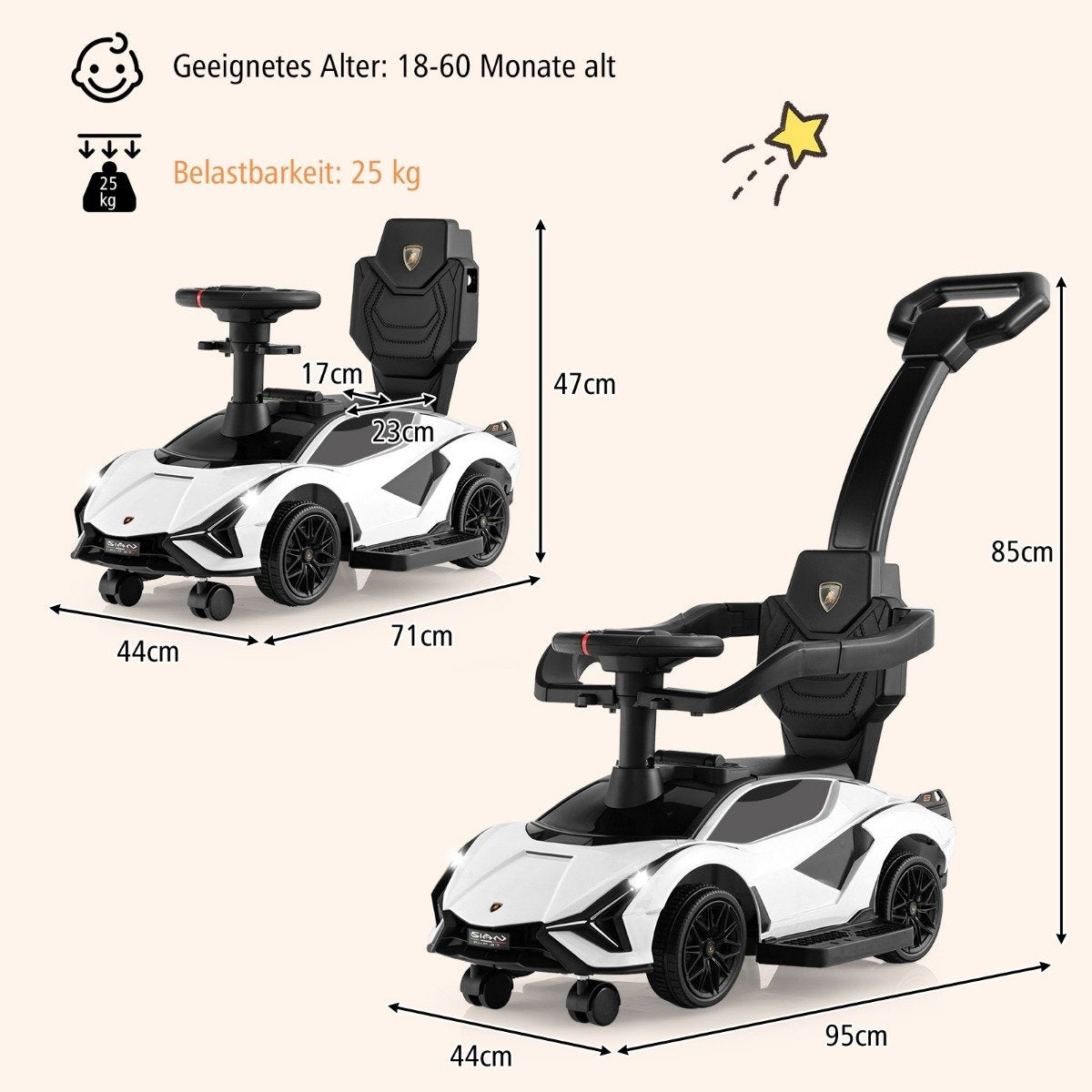 A white toy car with a push handle, dimensions provided.