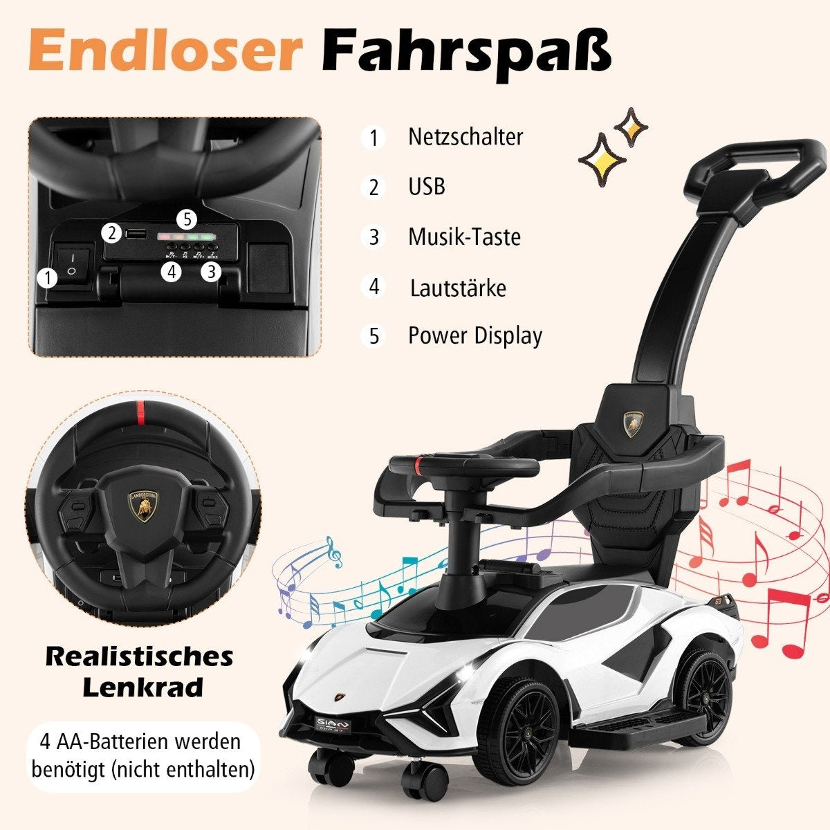 A white toy car with steering wheel, push handle, and musical notes.