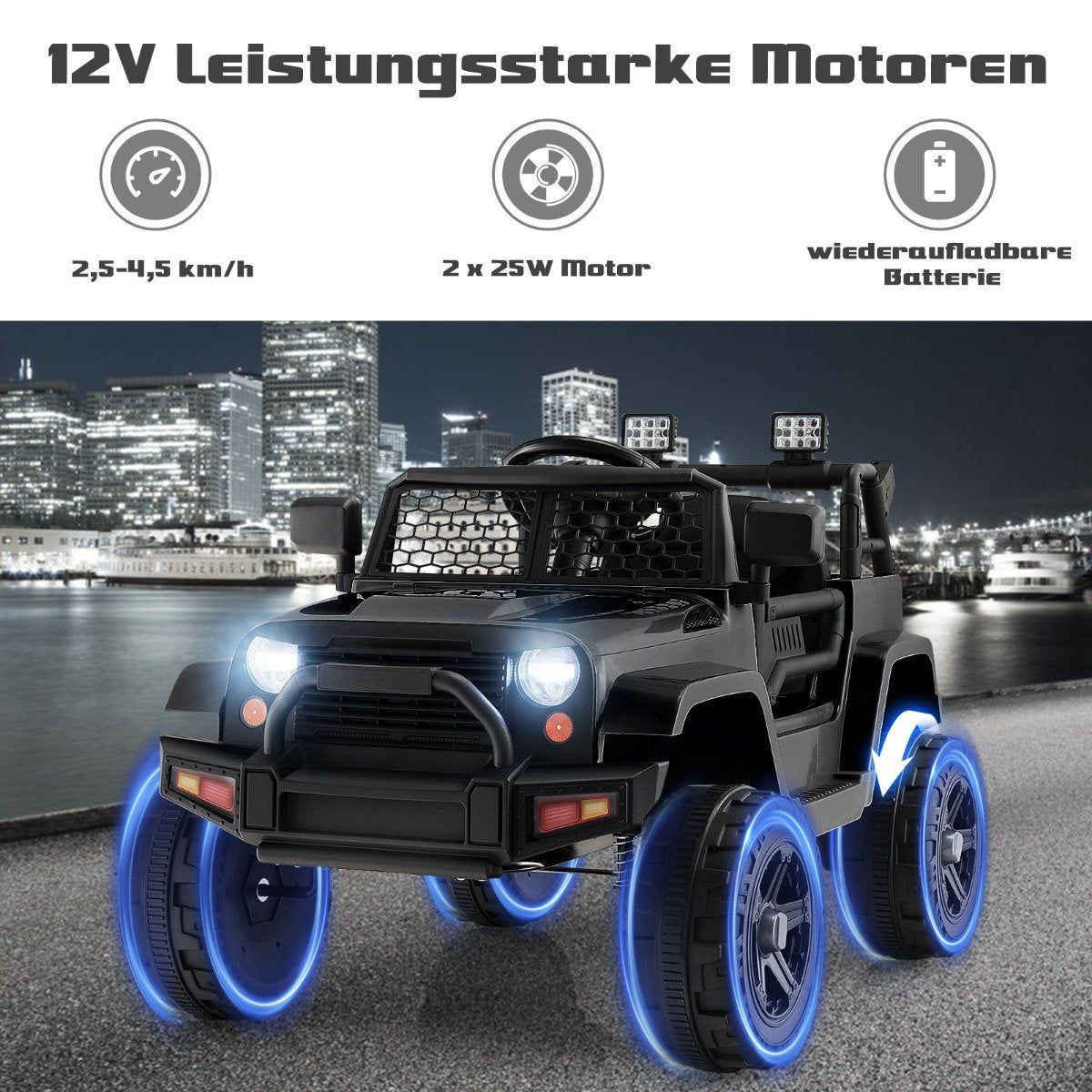 Black electric jeep with blue LED wheels in a city skyline at night.