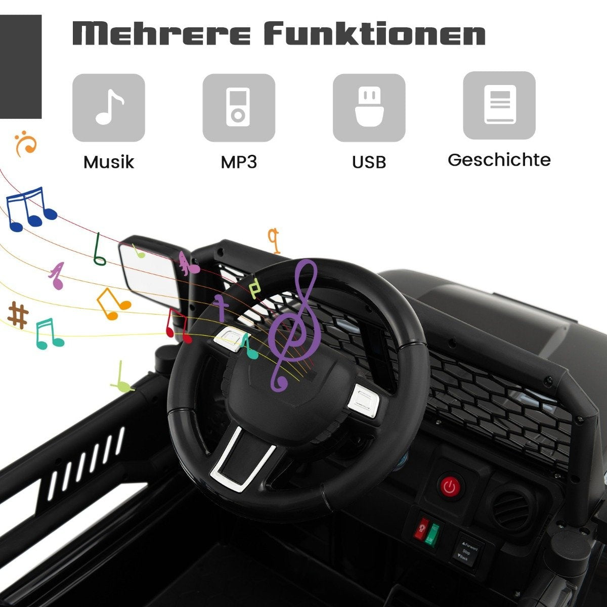Children's car dashboard with steering wheel, musical notes and icons for music, MP3, USB, history.
