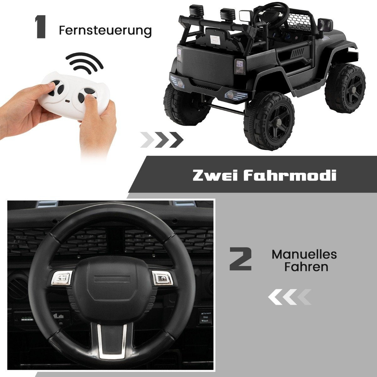 A black electric car shown with remote control and manual steering.