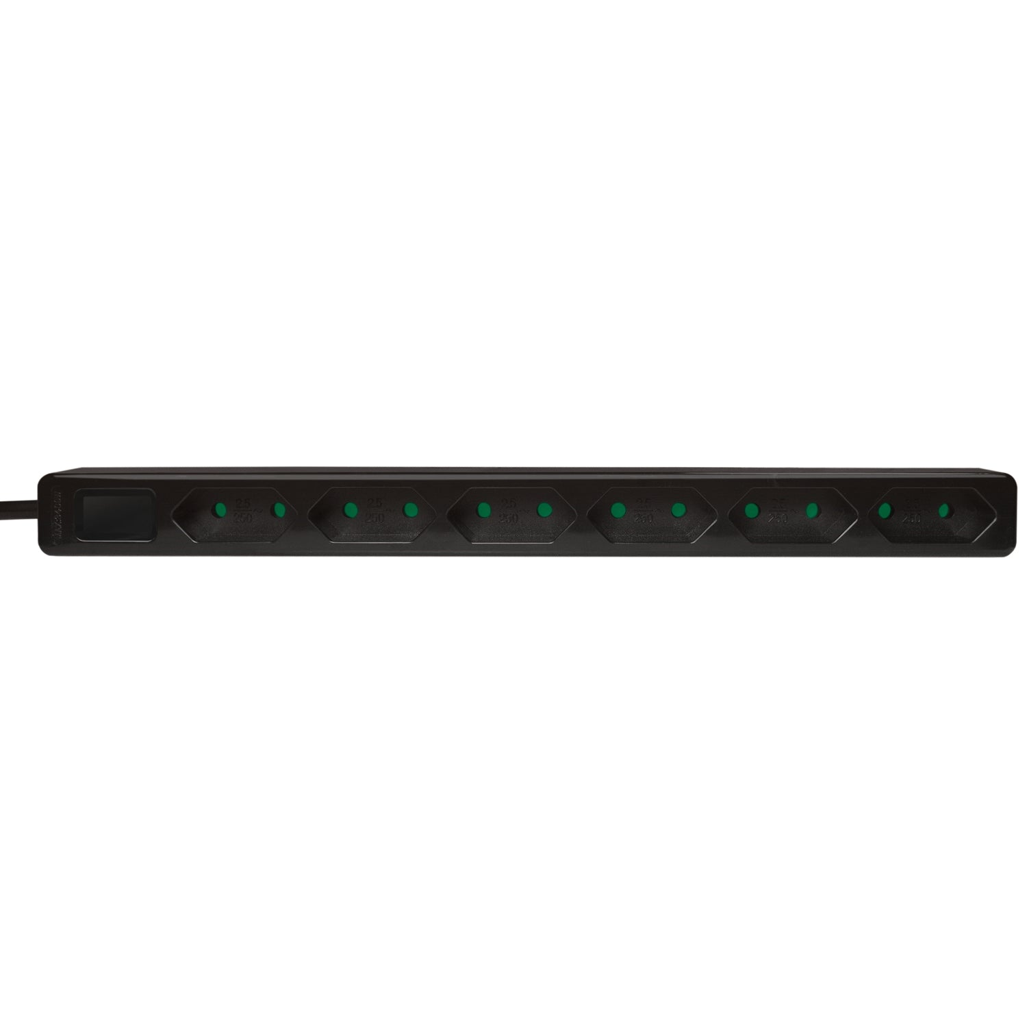 Regleta negra con seis enchufes y luces indicadoras verdes.