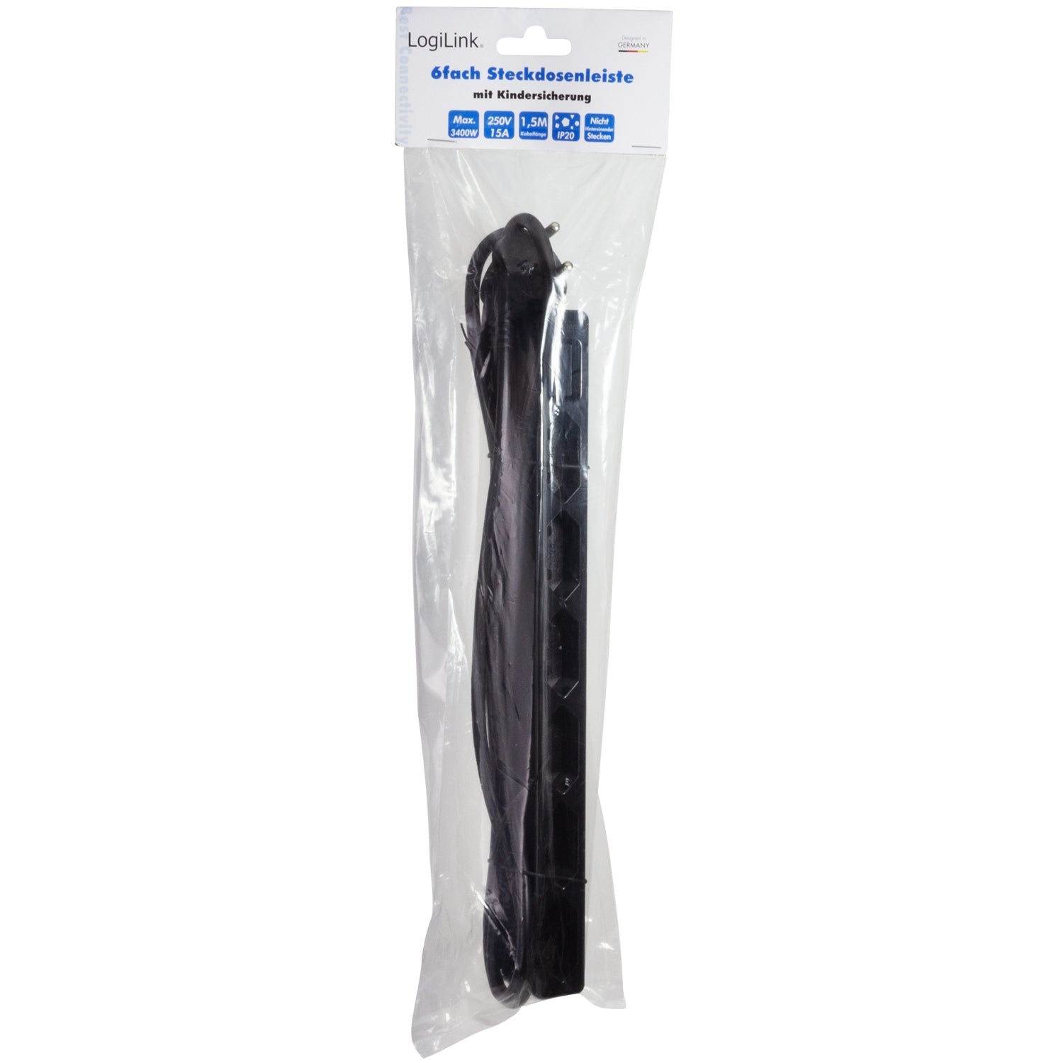 Regleta de 6 enchufes negra empaquetada con protección infantil y cable.