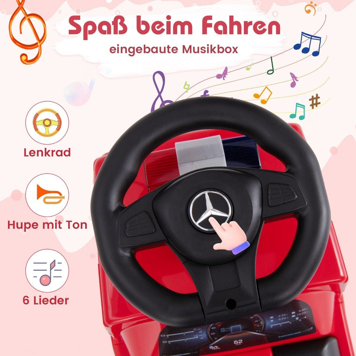 Red toy car with steering wheel, horn, and music symbols.
