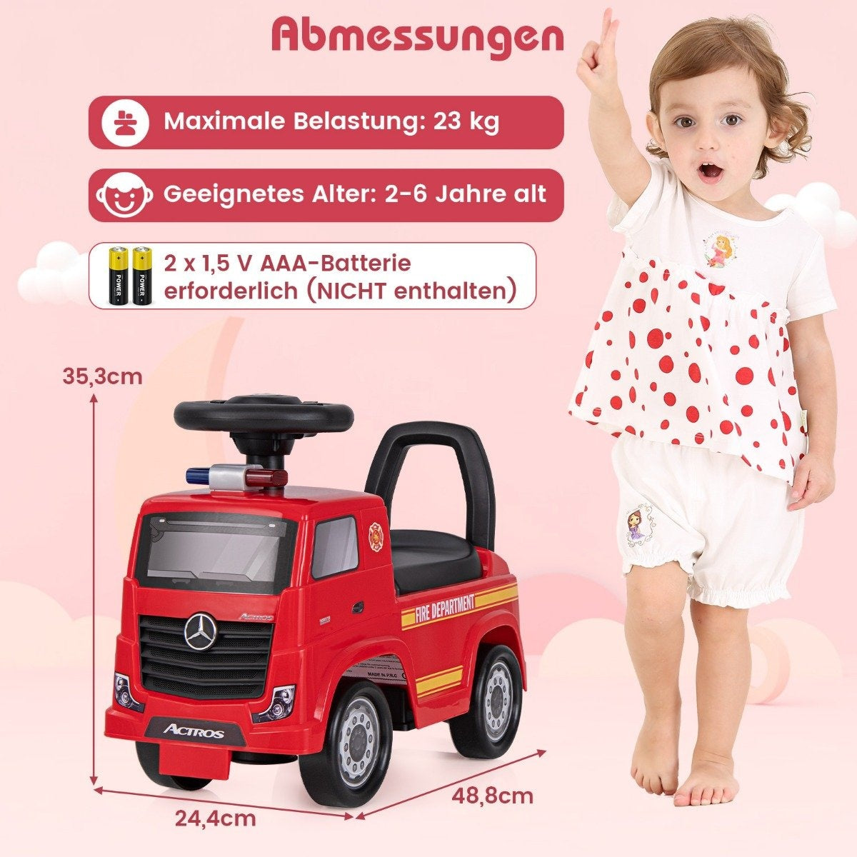 A red fire truck ride-on car with a toddler beside it, dimensions are shown.