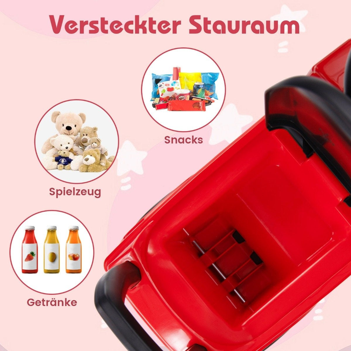 Red toy car with compartments for snacks, toys, and drinks.