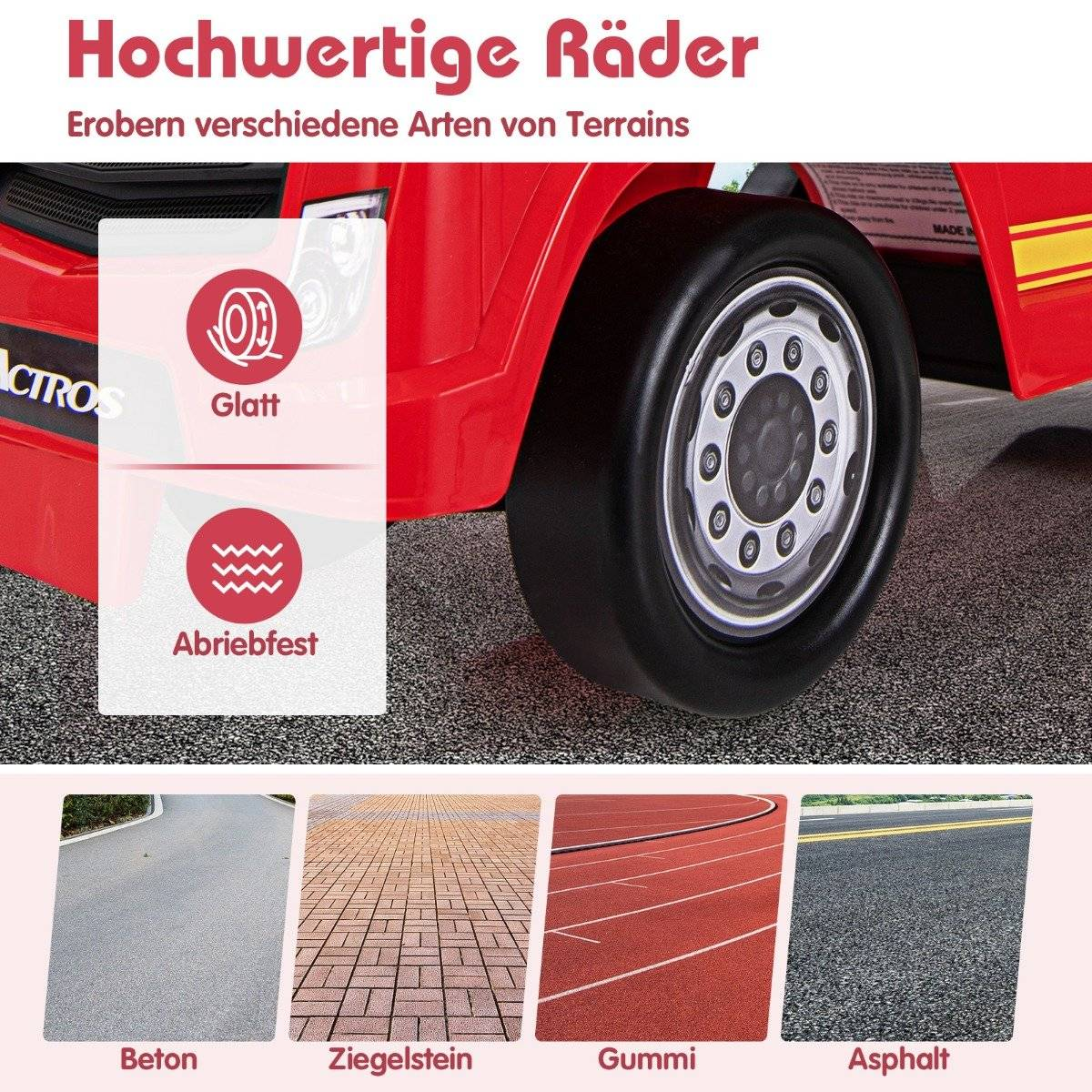 Red toy truck with wheel detail and four terrains: concrete, brick, rubber, asphalt.