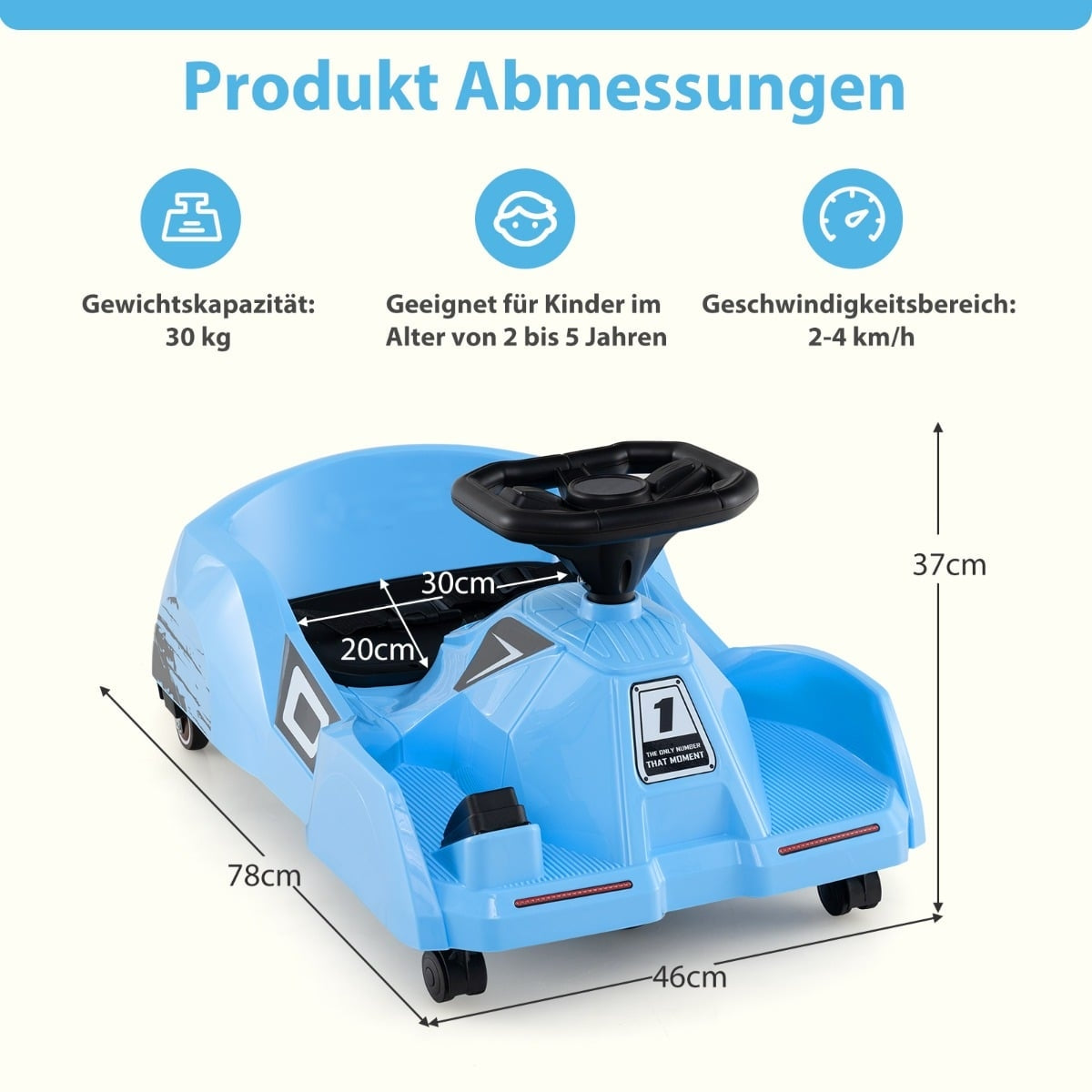 Blue ride-on car with dimensions: L 78cm, W 46cm, H 37cm. Max load 30kg.