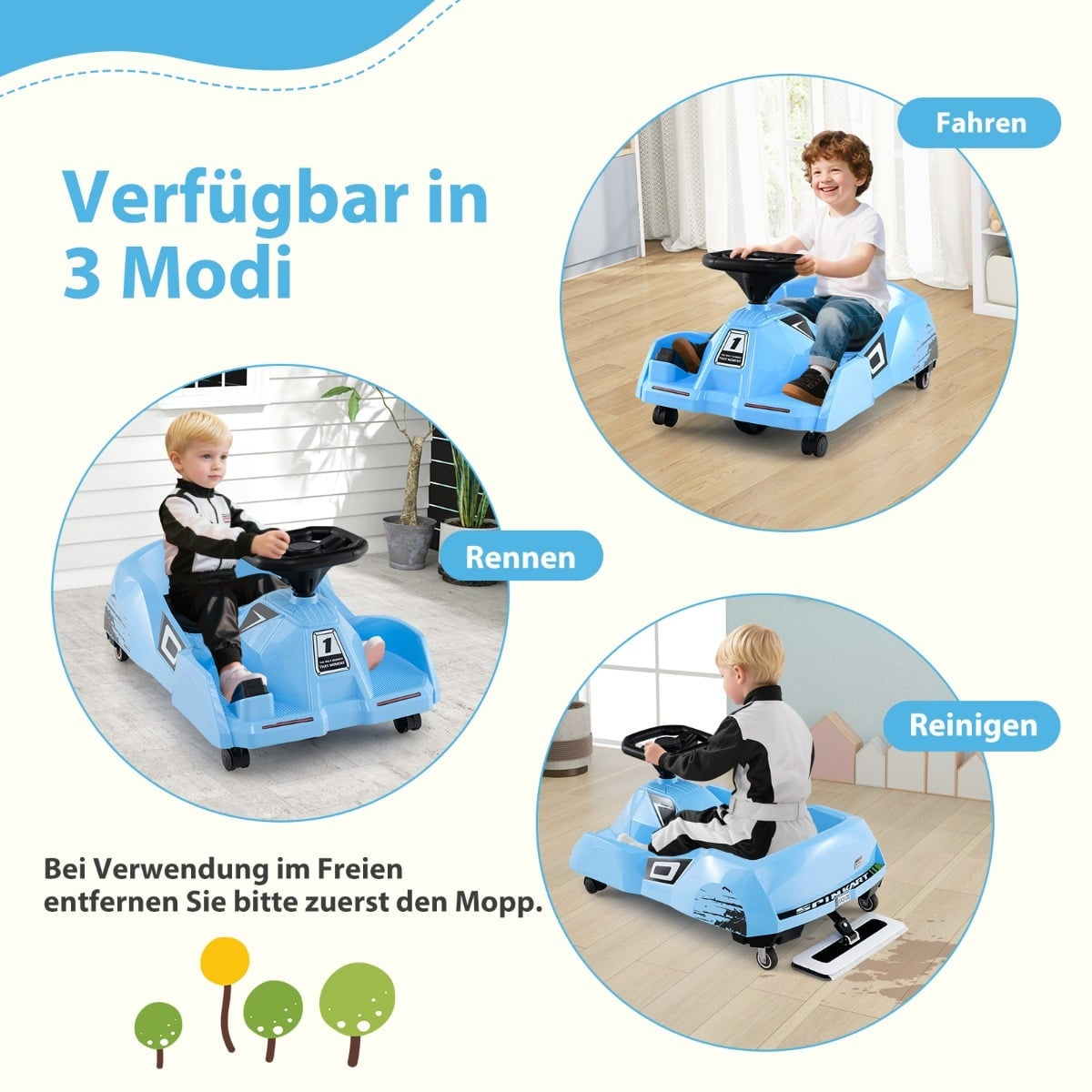Three modes of a blue toy car: driving, racing, cleaning with children.