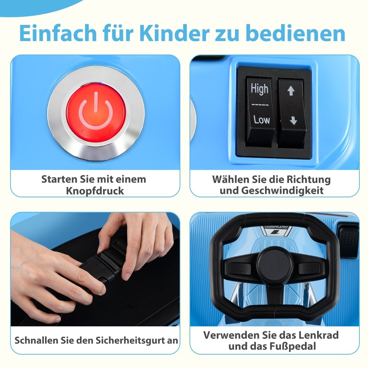 Child's ride-on vehicle controls: power button, speed switch, seatbelt, steering wheel.