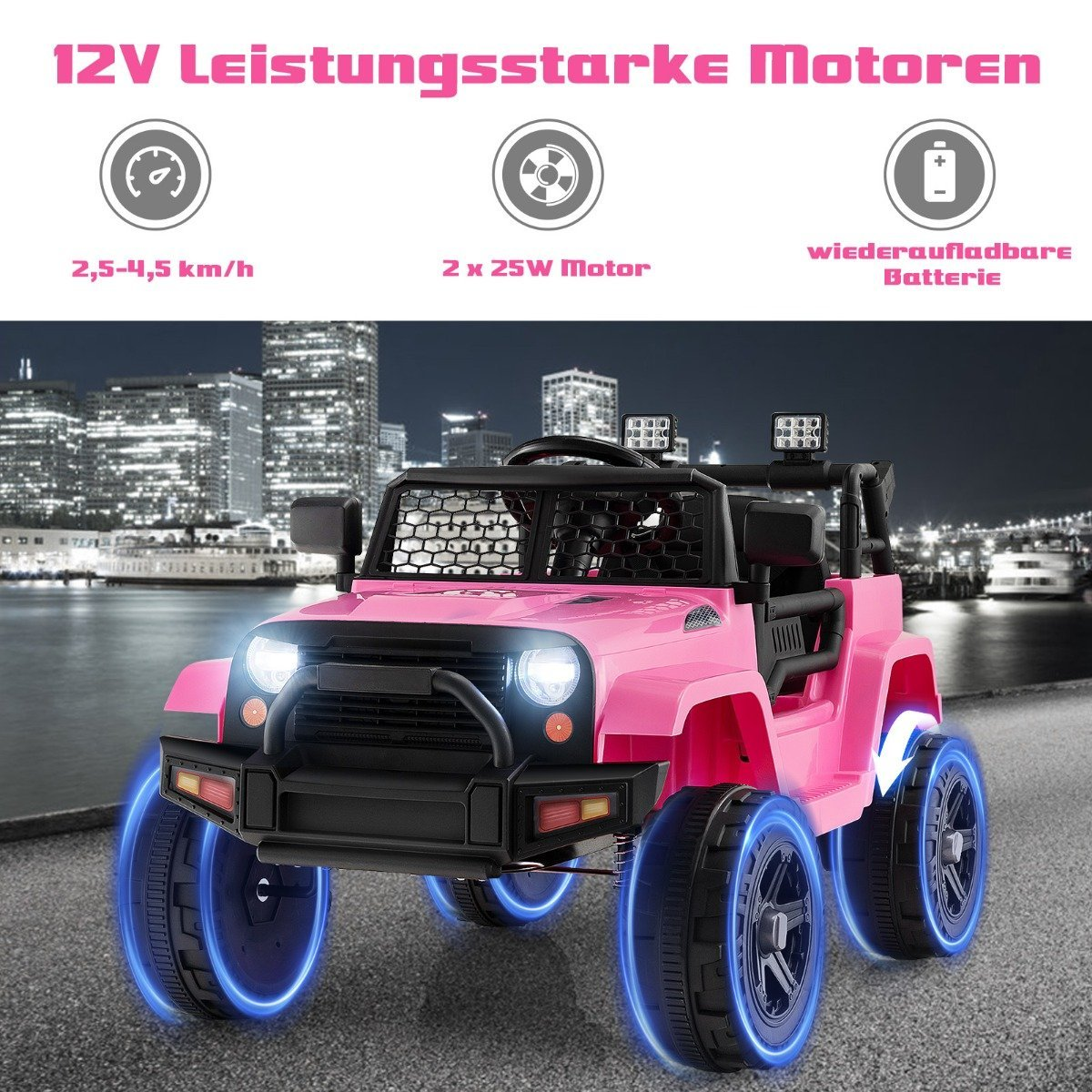 A pink electric toy Jeep for kids with glowing blue wheels.