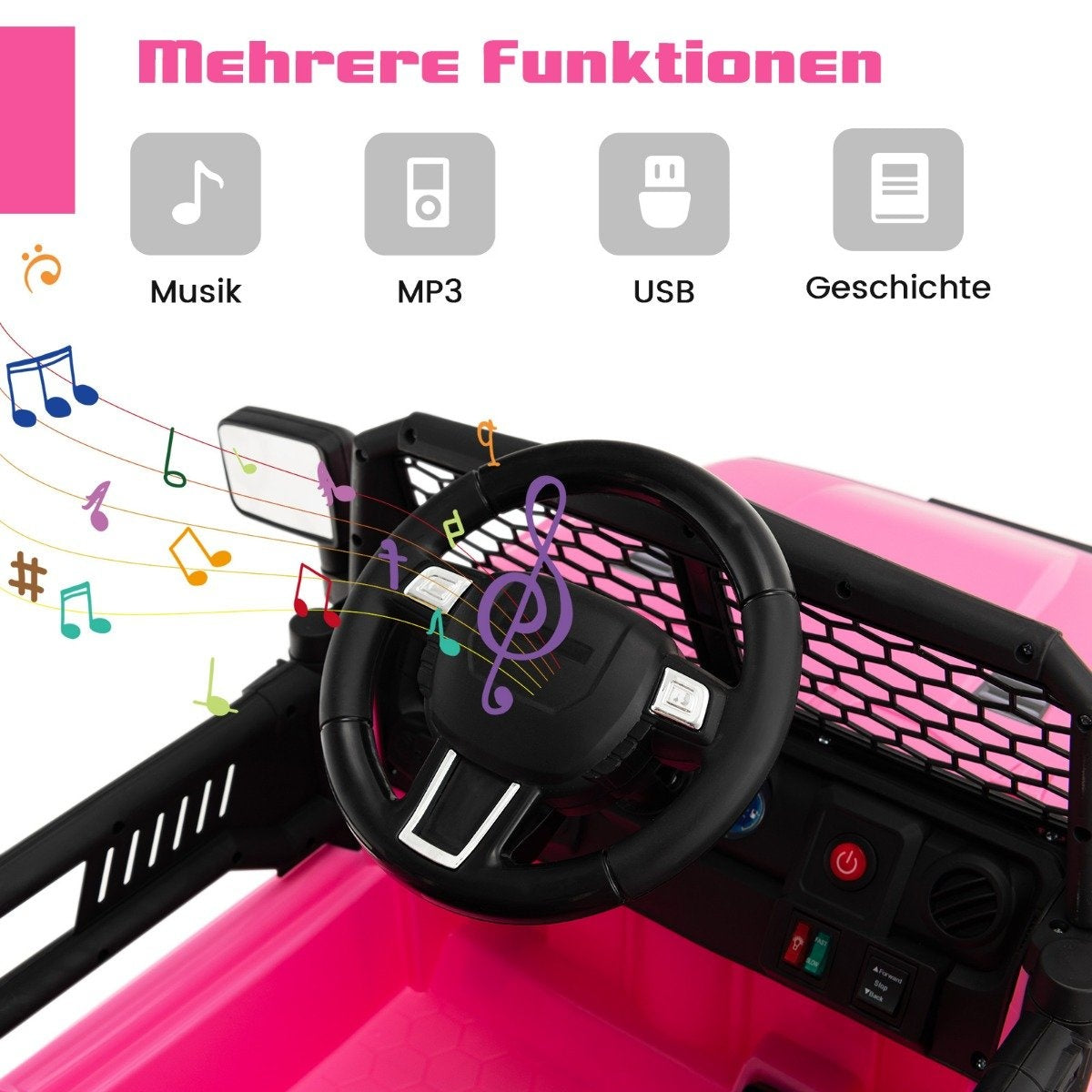 Dashboard of a pink toy car with musical notes.
