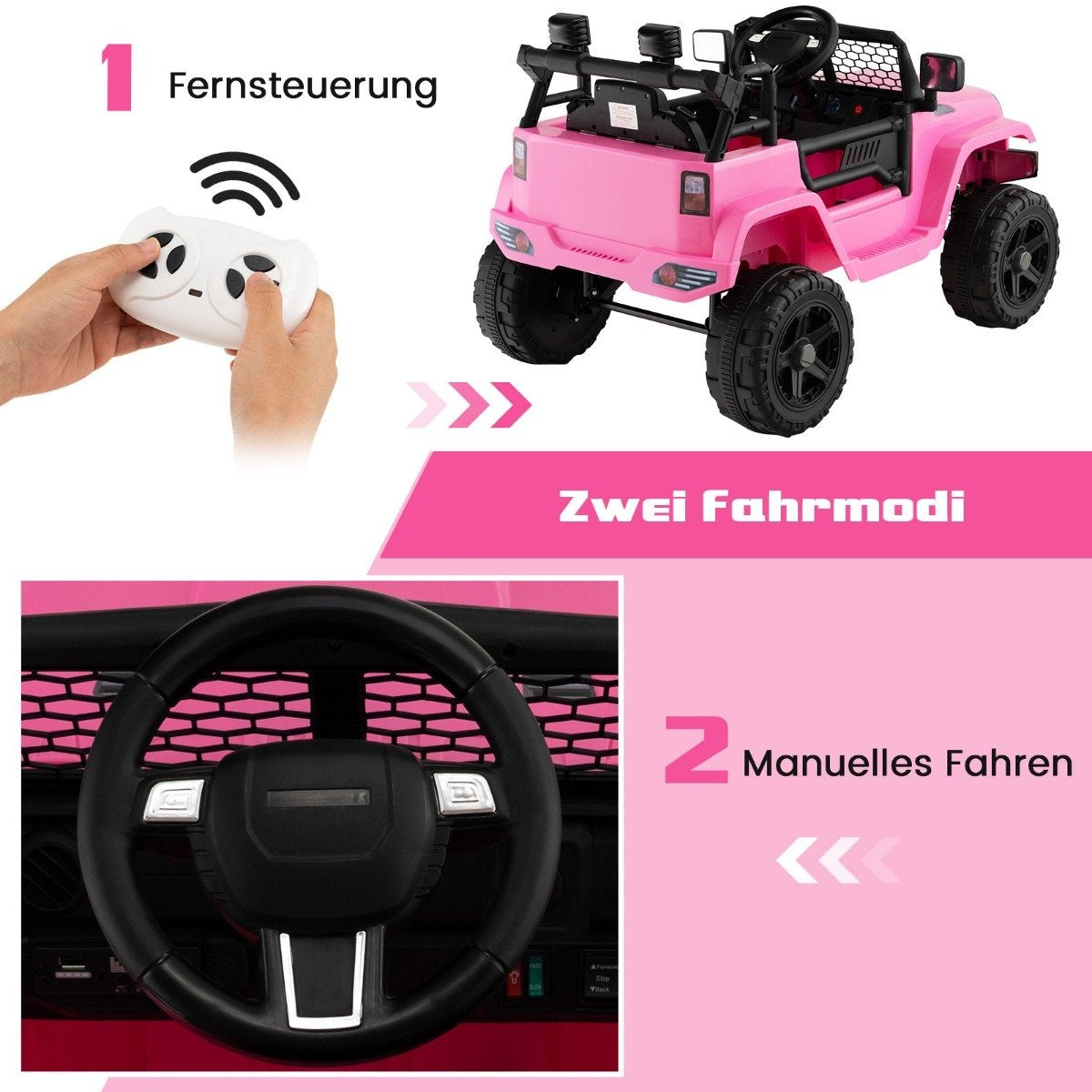 Pink electric car with remote control and steering wheel.