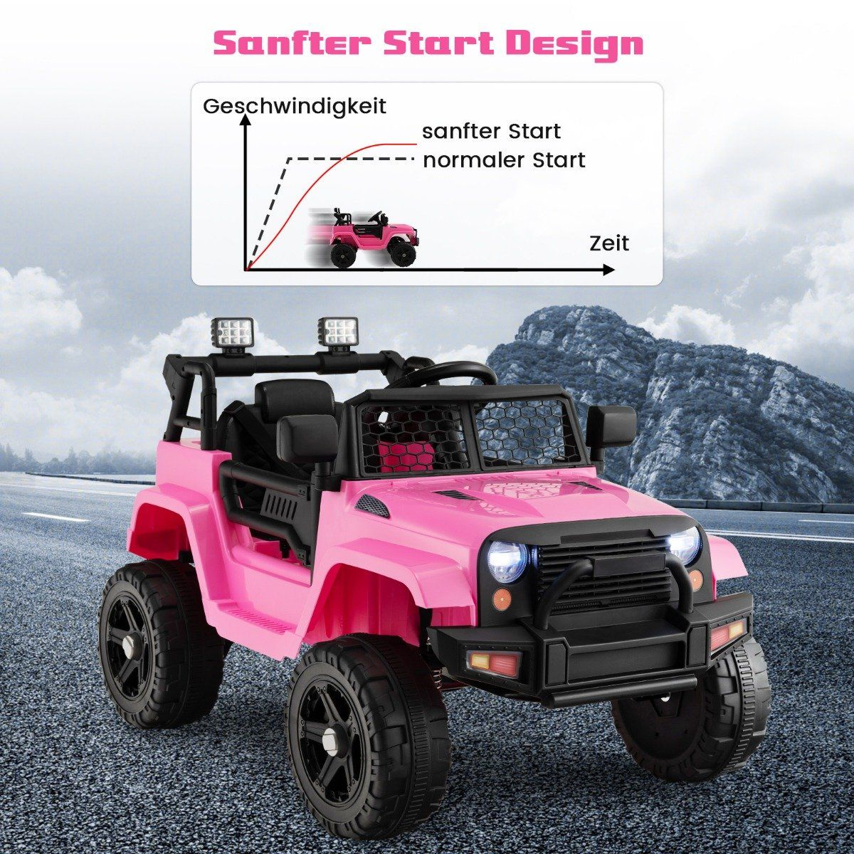 A pink children's jeep with a graph showing gentle start.