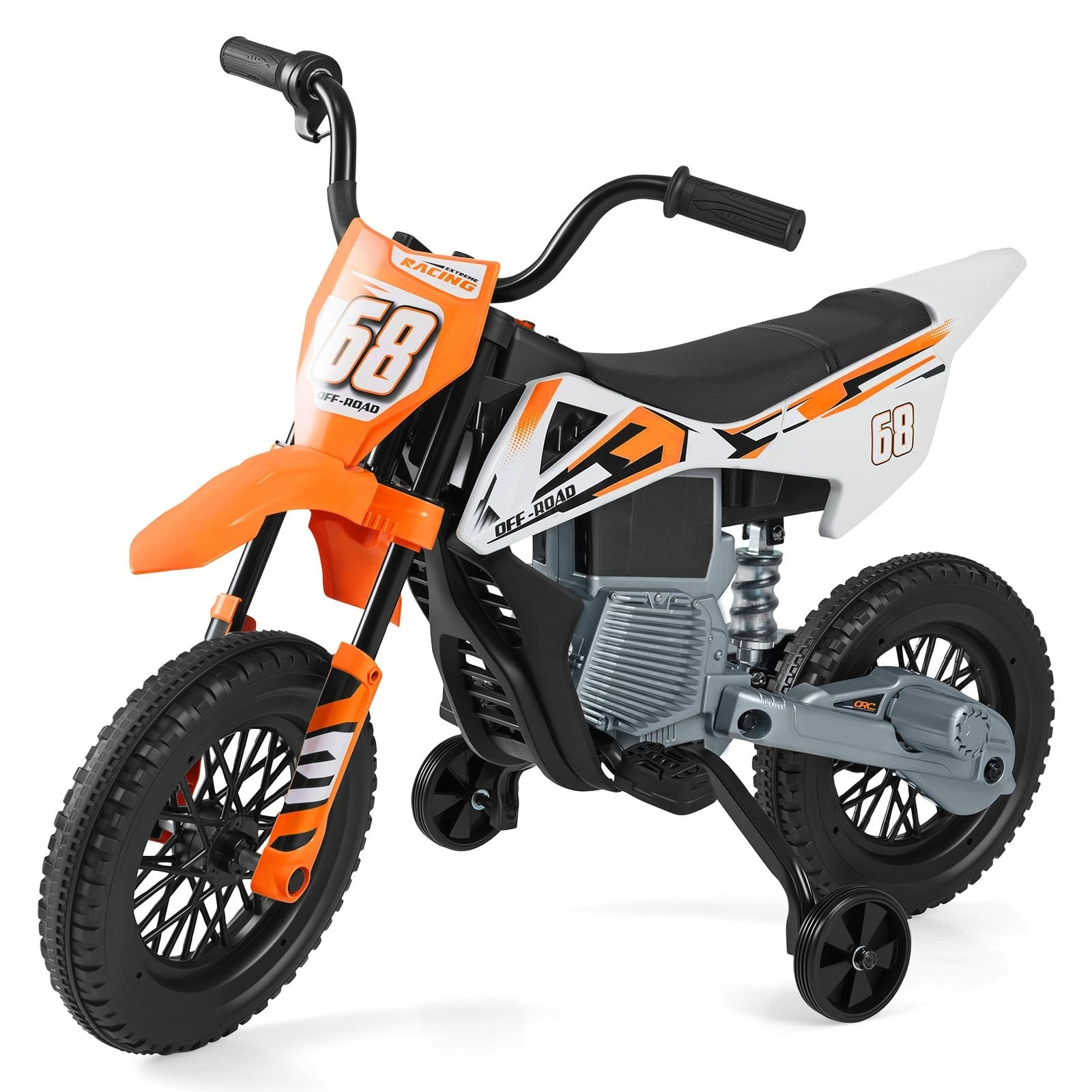 Een oranje en witte kinder crossmotor met nummer 68.