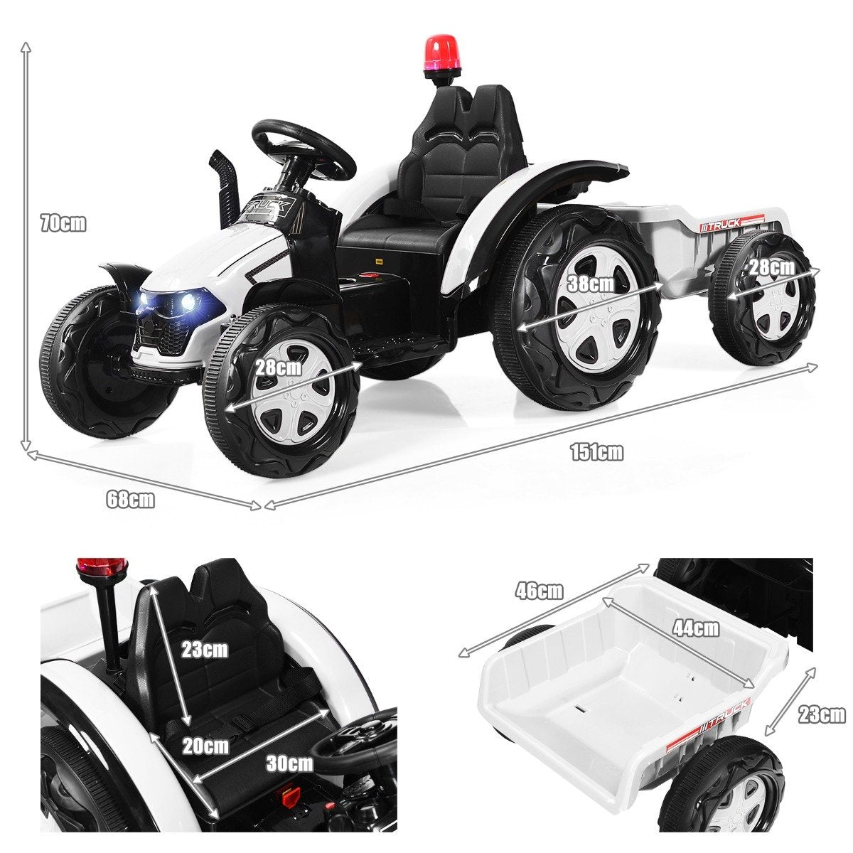 White and black ride-on tractor with trailer. Dimensions shown.