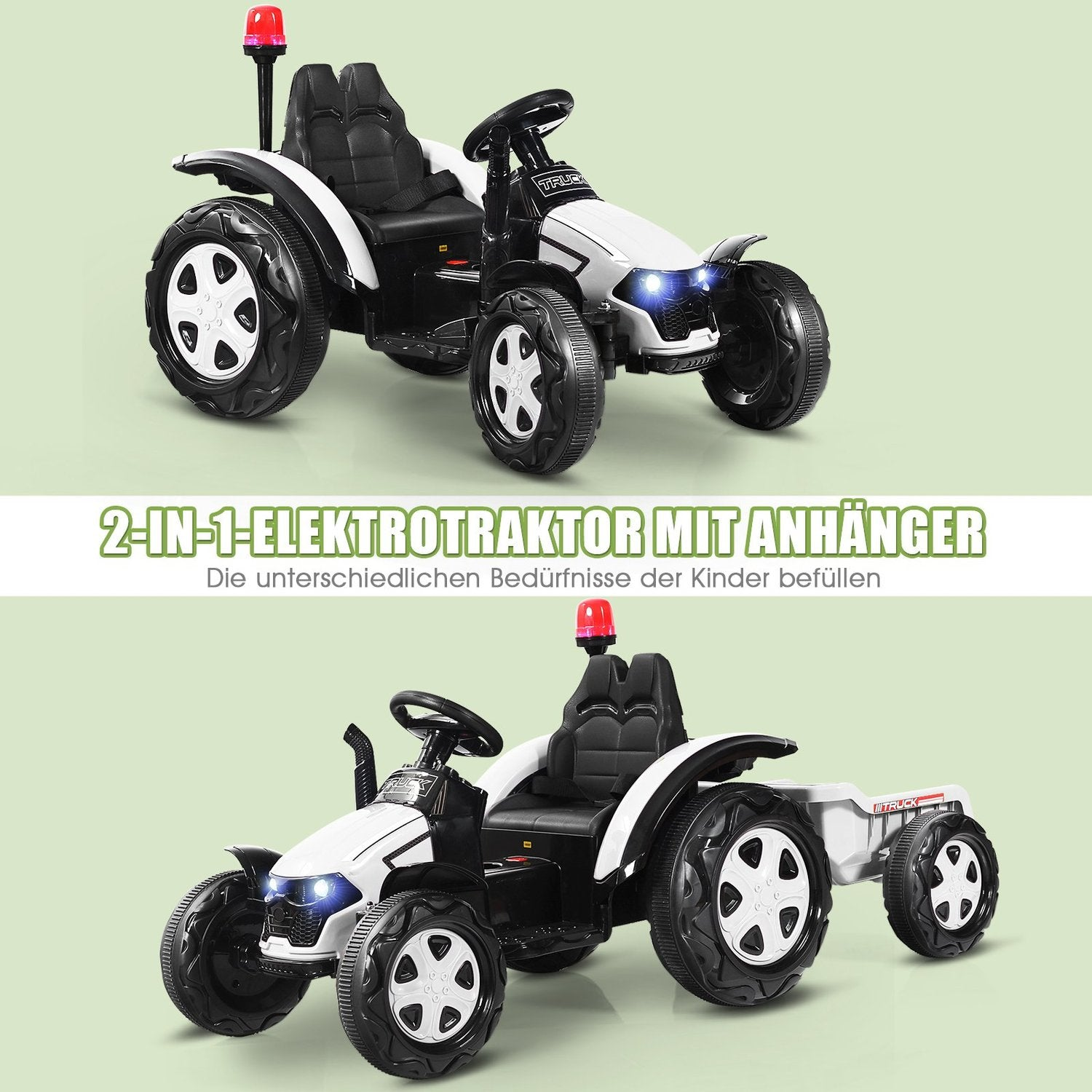 A white and black electric tractor with two seats and a trailer.