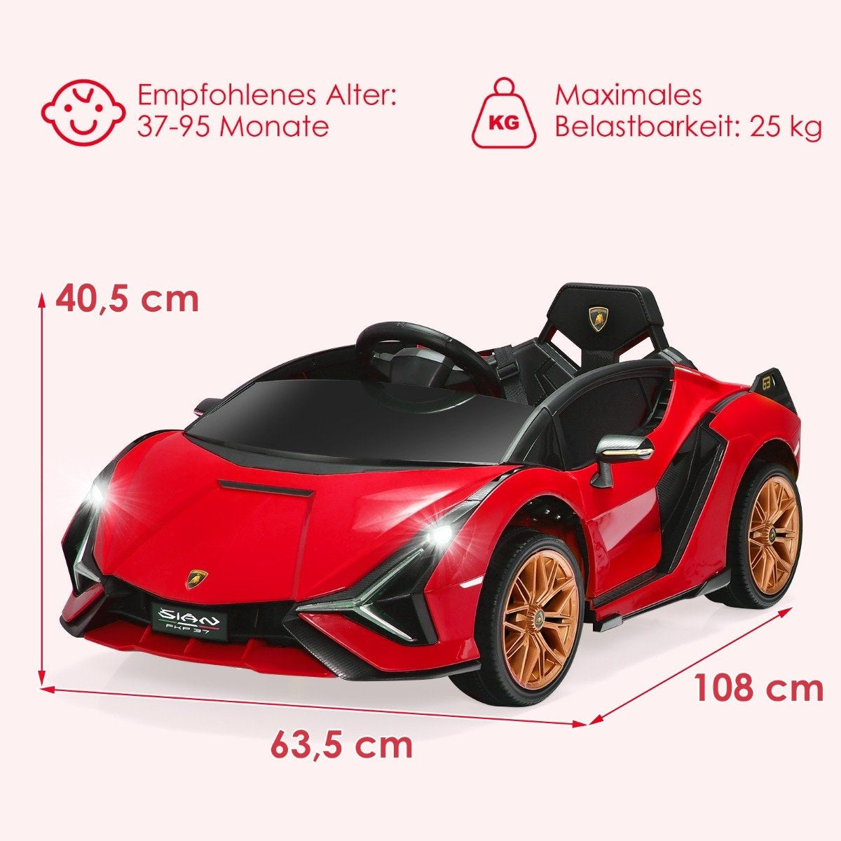 Red toy sports car with gold wheels. Dimensions 63.5x40.5x108 cm.