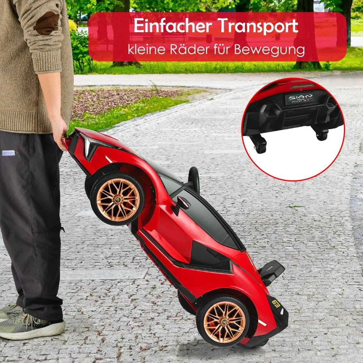 A man pulls a red toy car with small wheels, resembling a suitcase.