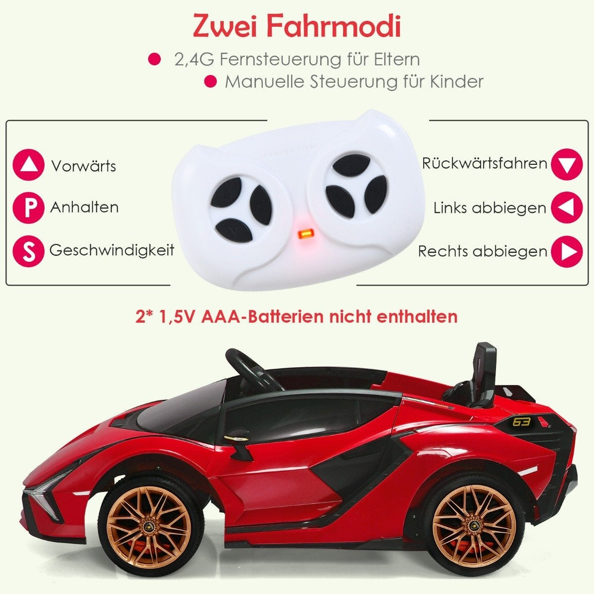 Red children's sports car with remote control and driving mode display.