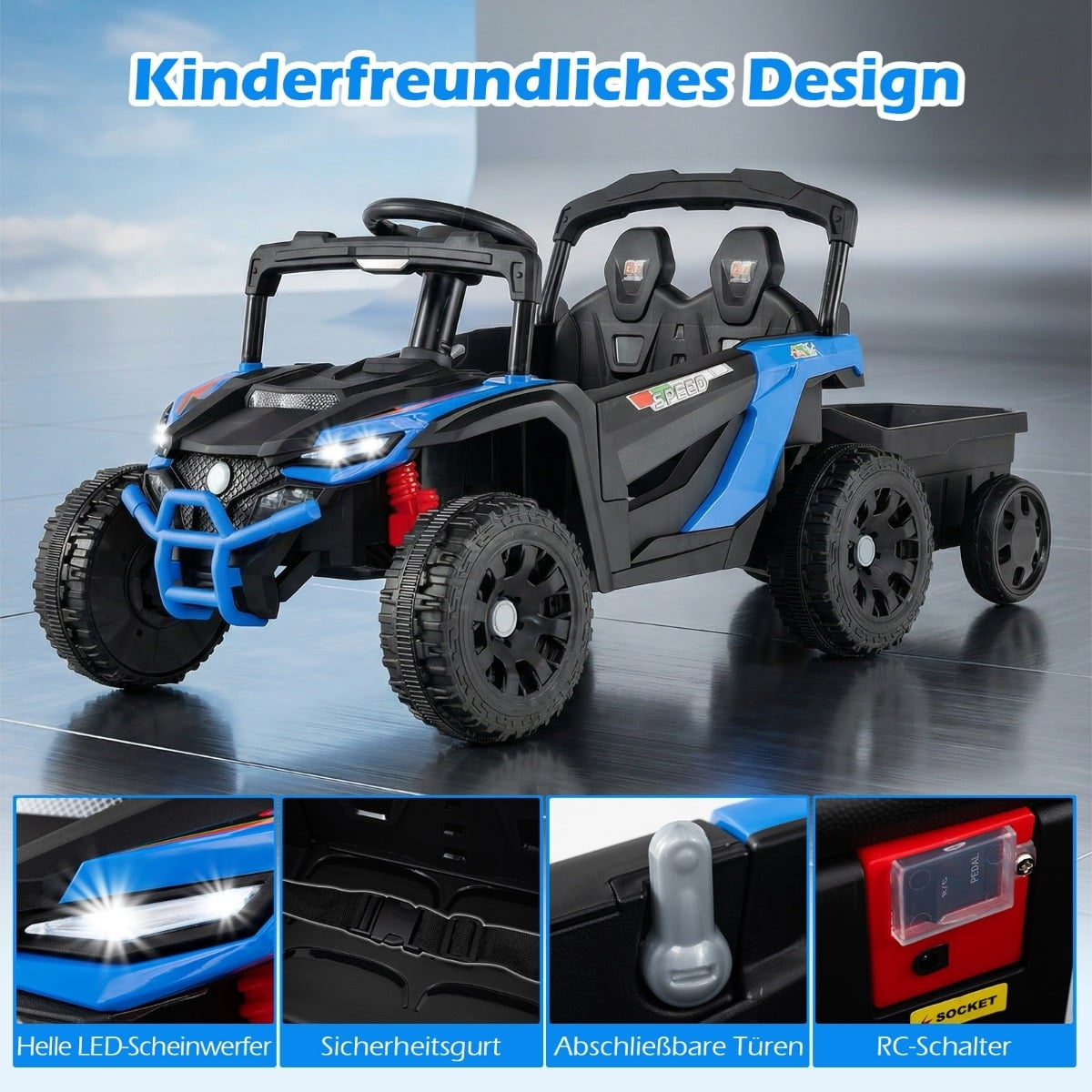 A blue and black electric kids' buggy with LED headlights and a trailer.