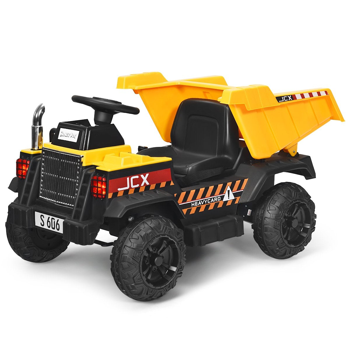 A yellow and black toy dump truck with JCX branding and license plate S 606.