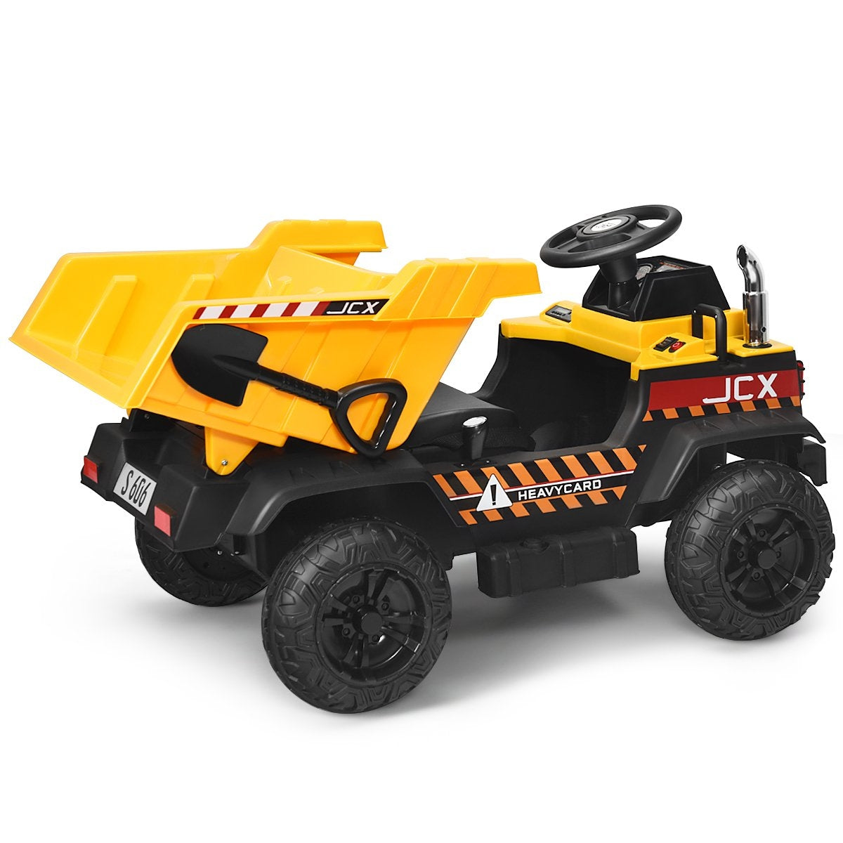 A yellow toy dump truck with a shovel and large cargo bed.