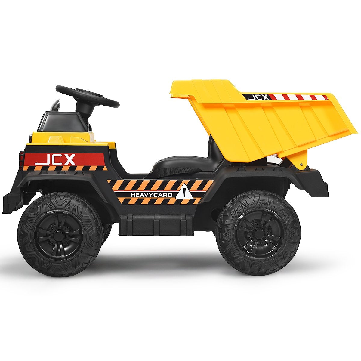 A yellow toy dump truck with black wheels and warning decals.