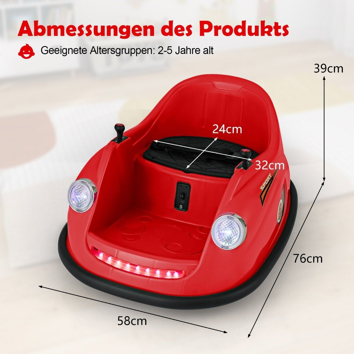 Red children's ride-on car with dimensions: 58x76x39cm. Suitable for ages 2-5.