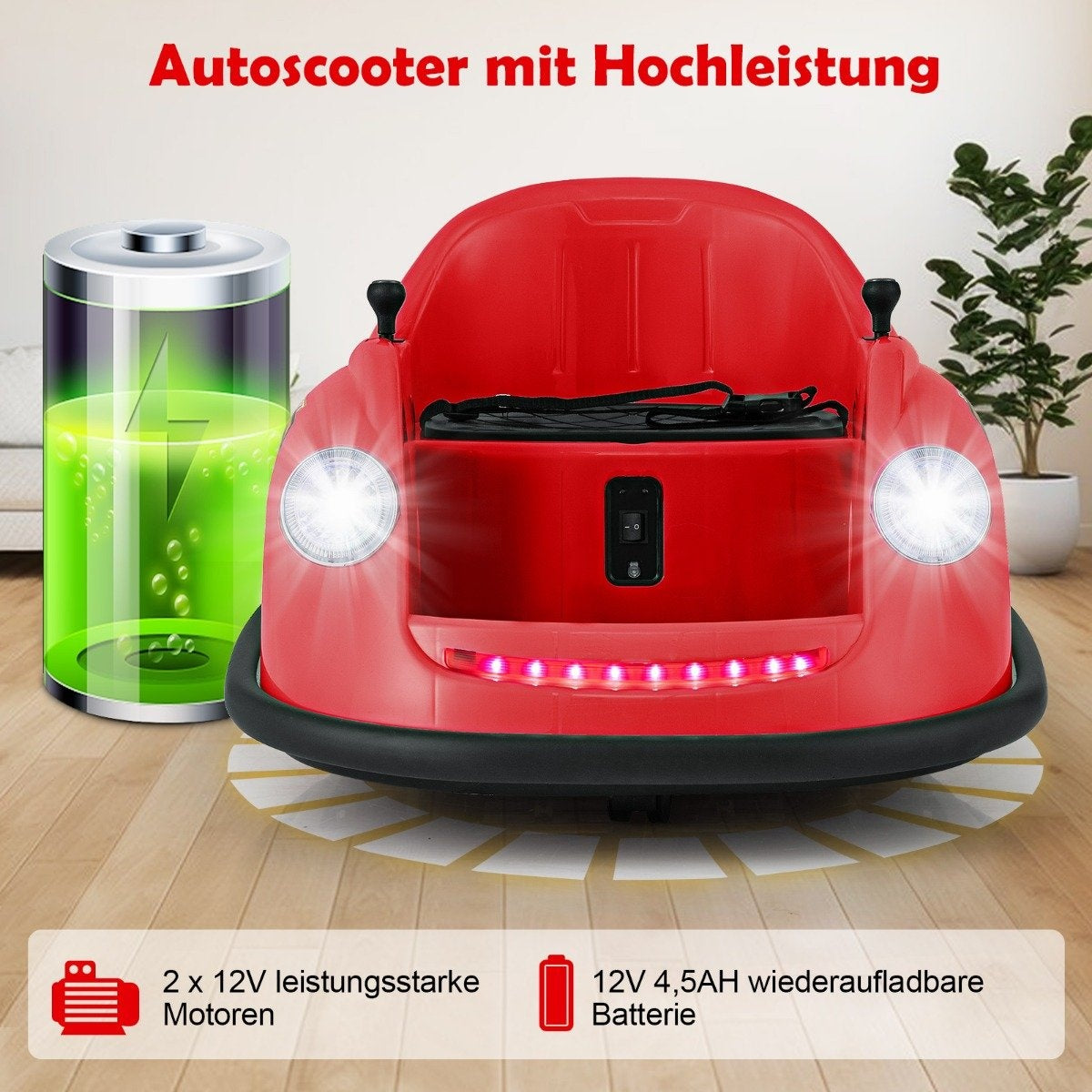 A red children's bumper car with illuminated headlights and a battery indicator.