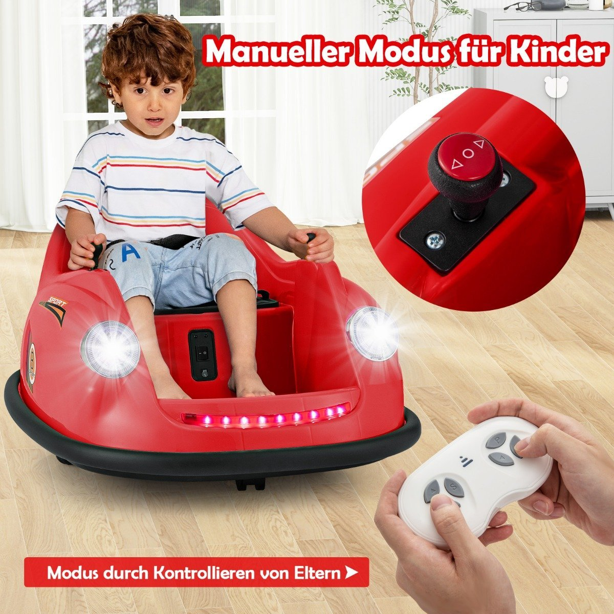 A child sits in a red toy car. A remote control is visible.